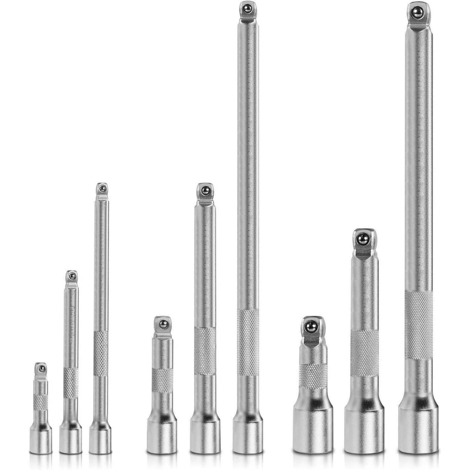 Eine Reihe von neun Metalleinsatz-Verlängerungsstangen in aufsteigender Längenordnung, die zum Verlängern der Reichweite bei Werkzeuganwendungen verwendet werden.