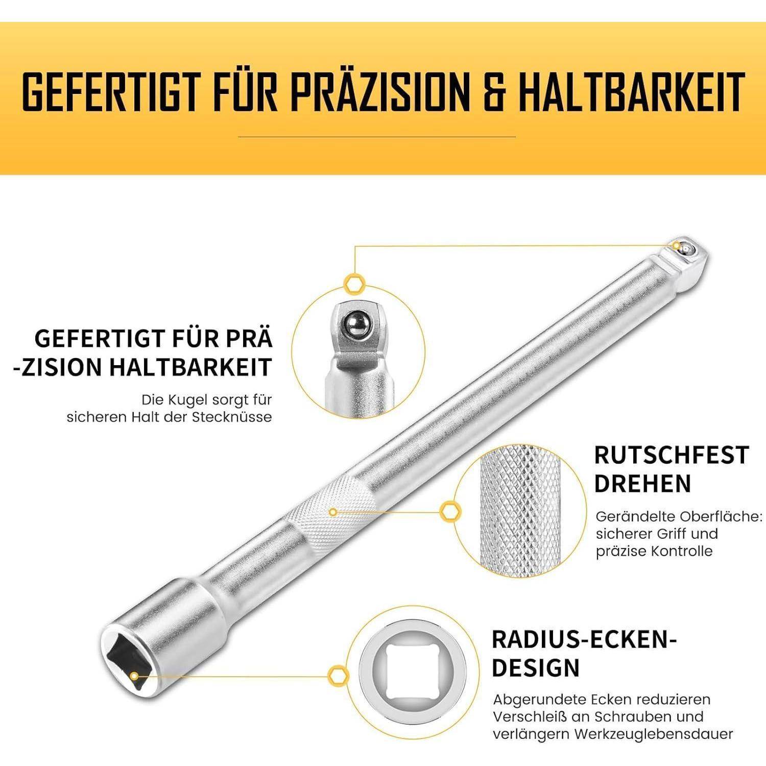 Das Bild zeigt eine Steckschlüssel-Verlängerung mit folgenden Merkmalen: ‚Präzision & Haltbarkeit', ‚Rutschfester Griff', ‚Abgerundete Eckengestaltung' für reduzierte Abnutzung.