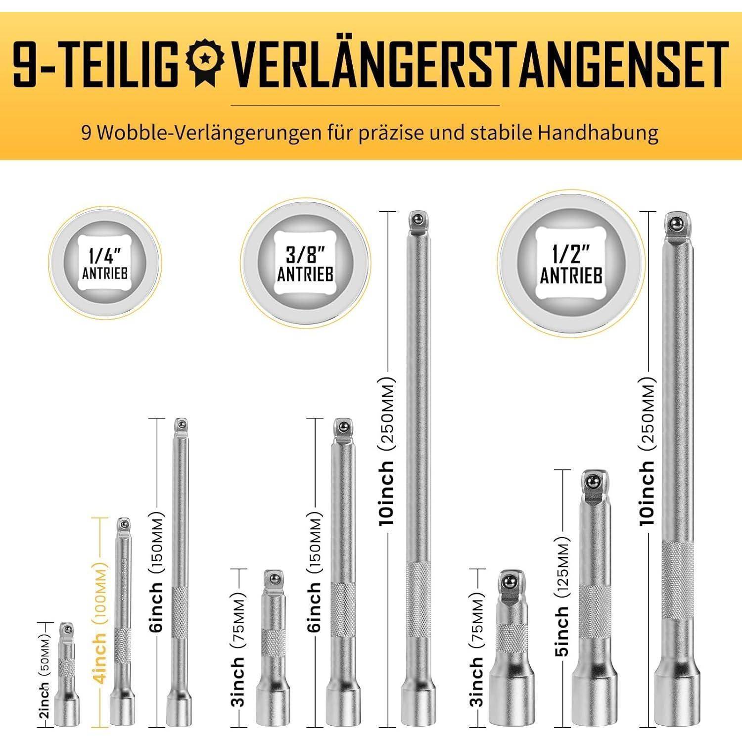 Satz von neun Verlängerungsstangen für Werkzeuge, in verschiedenen Größen von 3 Zoll bis 10 Zoll gekennzeichnet, mit 1/4