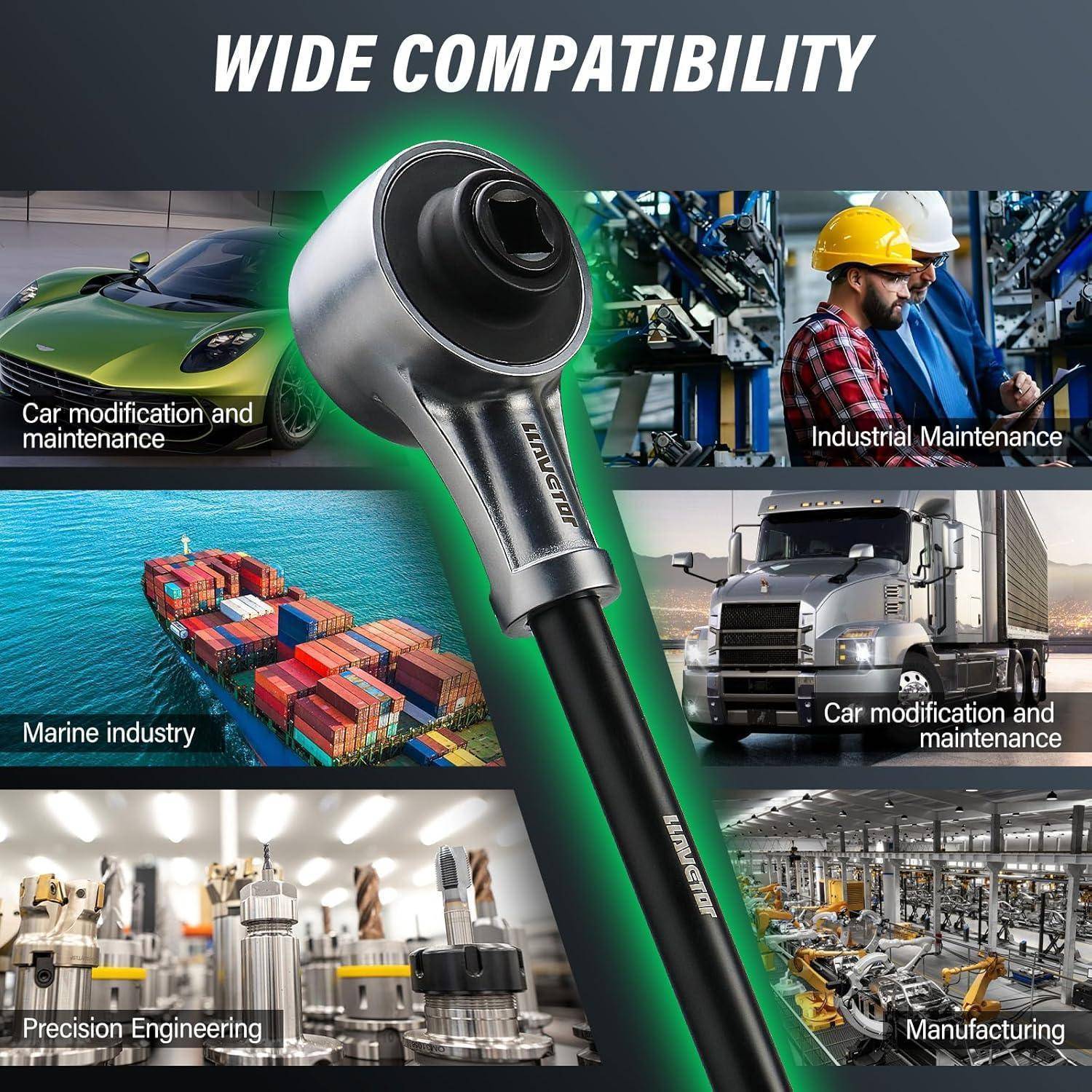 Ein Bild zeigt ein Werkzeug mit der Bezeichnung ‚Breite Kompatibilität' mit Fotos: Automobilwartung, industrielle Instandhaltung, Marineindustrie, Präzisionstechnik, Fertigung.