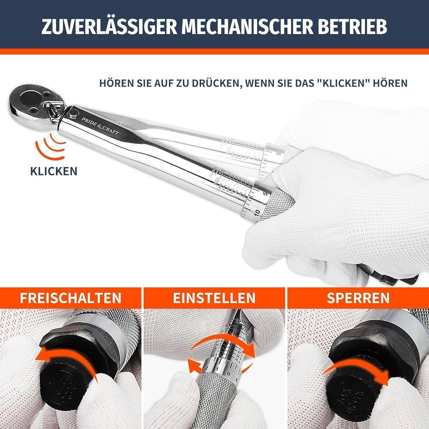 Eine Hand in einem weißen Handschuh justiert einen Drehmomentschlüssel und zeigt die Schritte: entsperren, einstellen, verriegeln. Der deutsche Text lautet: „Zuverlässiger mechanischer Betrieb