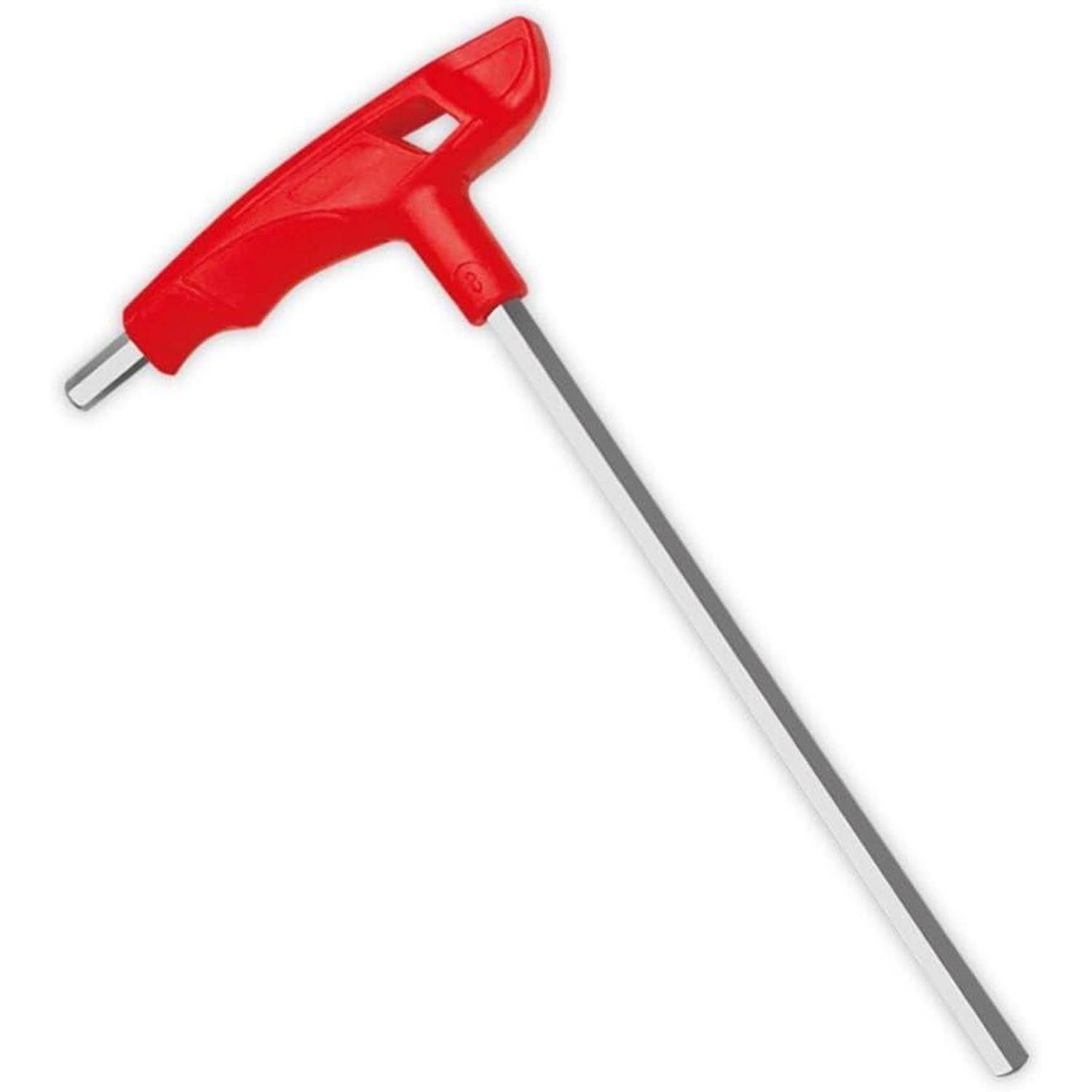 Ein roter T-Griff-Sechskantschlüssel mit einer langen Metallschaftachse, verwendet zum Anziehen oder Lösen von Schrauben mit Innensechskant.