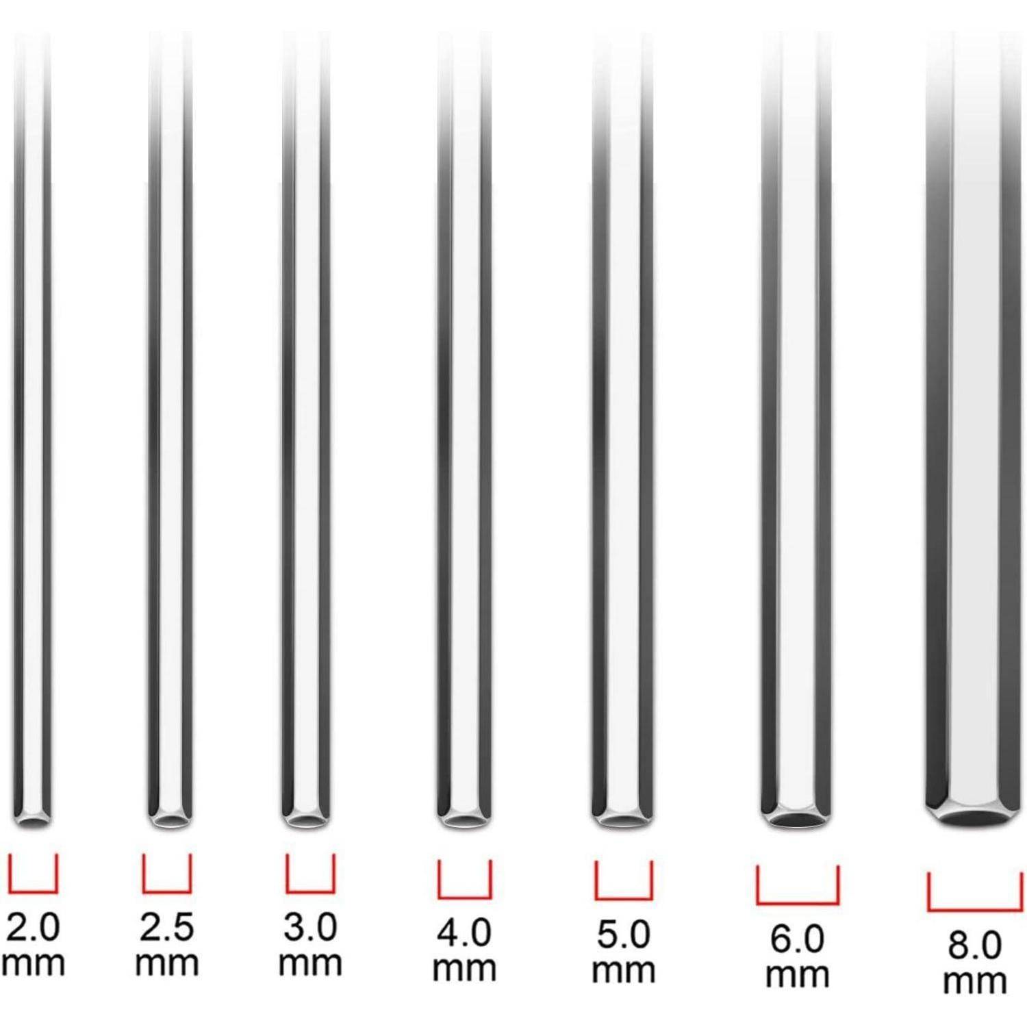 Verschiedene Metallstäbe, die in aufsteigender Reihenfolge von 2,0 mm bis 8,0 mm Durchmesser angeordnet sind und zeigen die Unterschiede in der Dicke.