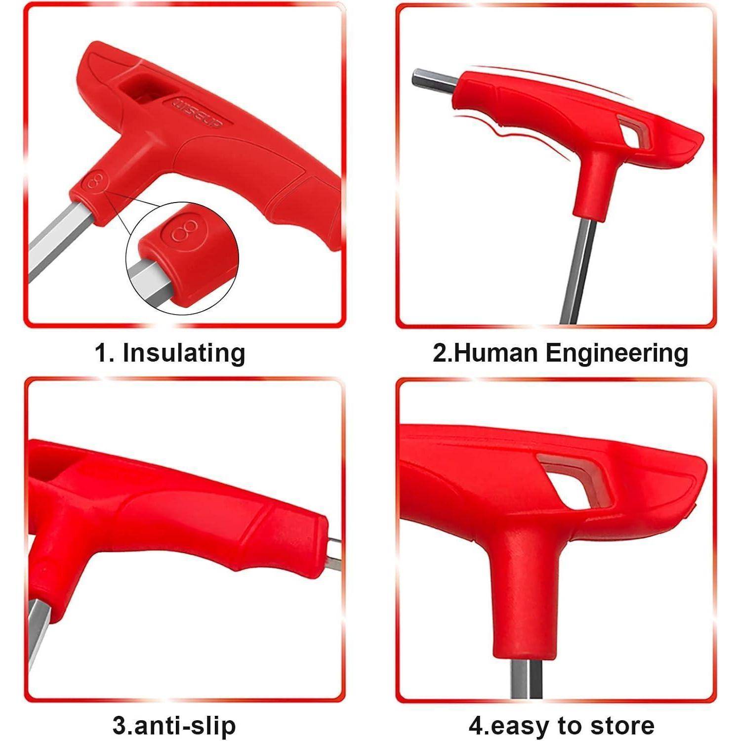 Roter T-Griff-Schraubendreher Merkmale: 1. Isolierend, 2. Ergonomisches Design, 3. Rutschfester Griff, 4. Leicht zu verstauen.