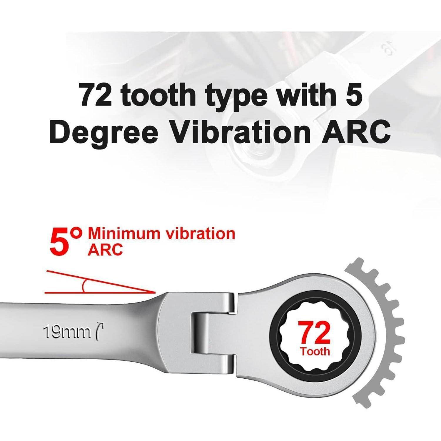 Ein Schraubenschlüssel mit der Beschriftung '19mm' und einem 72-Zahn-Zahnrad, der '5-Grad-Vibrations-ARC' für präzise Kontrolle hervorhebt.