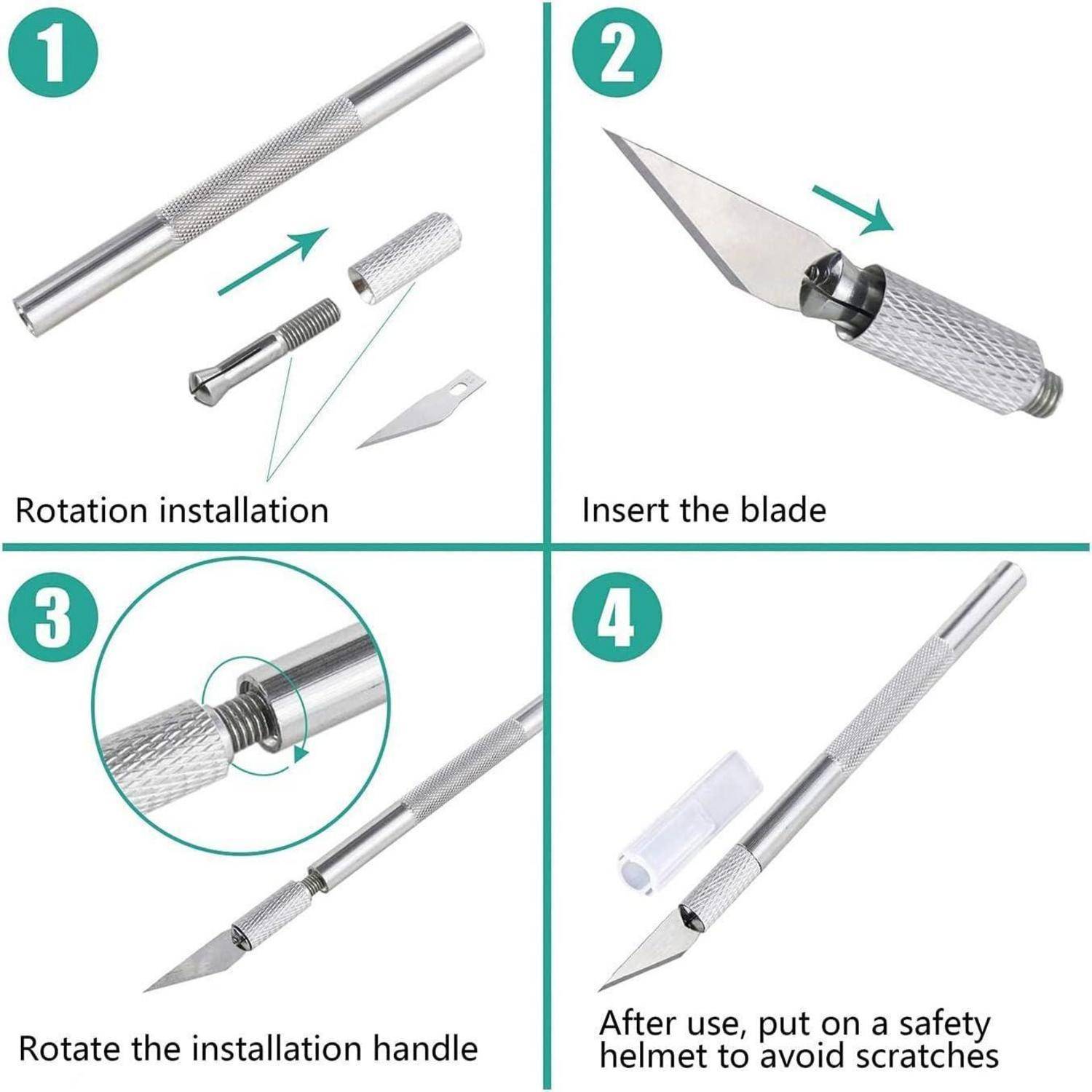 X-Acto Messer Montageanleitung: 1. Griff zum Einsetzen drehen, 2. Klinge einsetzen, 3. Griff drehen, 4. Mit Schutzhelm verwenden, um Kratzer zu vermeiden.