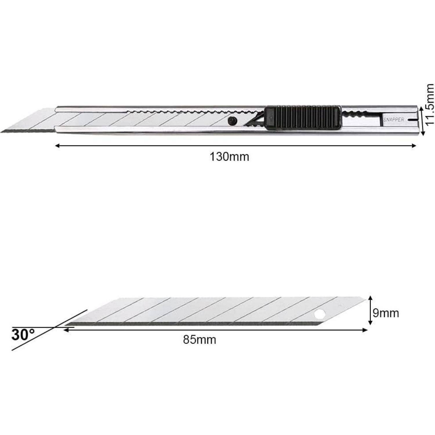 Cuttermesser-Diagramm mit Abmessungen: Draufsicht 130 mm lang und 11,5 mm breit; Seitenansicht 85 mm lang, 9 mm breit, mit einem Klingenwinkel von 30°.