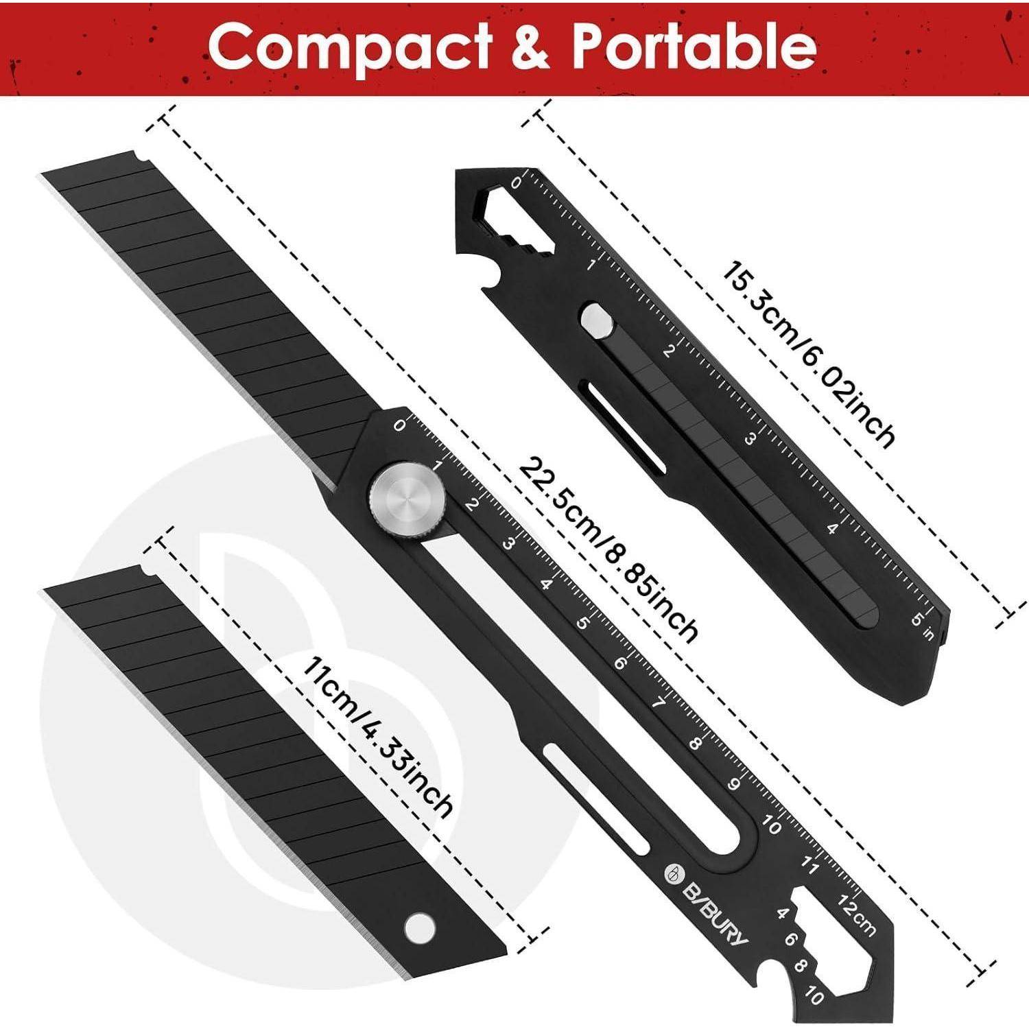 Multifunktionales Werkzeug mit Abmessungen: 15,3 cm/6,02 Zoll, 22,5 cm/8,85 Zoll und 11 cm/4,33 Zoll, beschriftet mit 'Kompakt & Tragbar'.