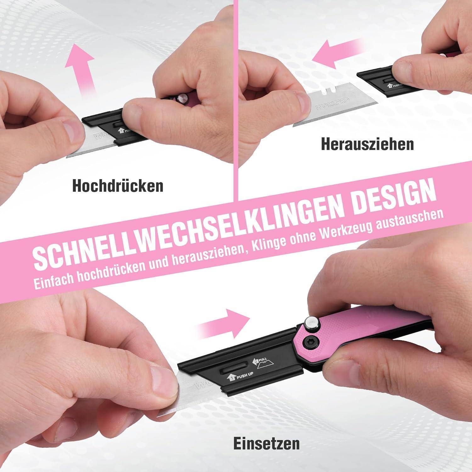 Vierschrittanleitung zum schnellen Klingenwechsel bei Universalmessern: Hochschieben, Herausziehen, Ersetzen und Herunterdrücken.