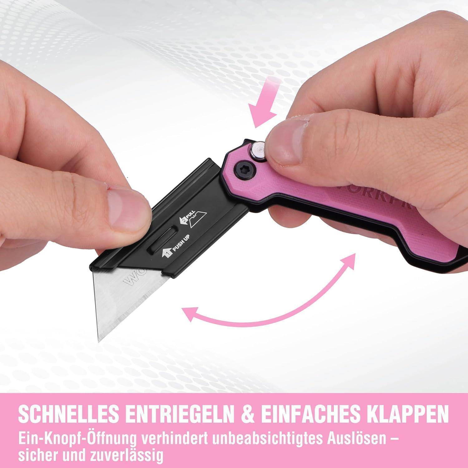 Eine Hand, die ein Utility-Messer mit einziehbarer Klinge hält. Pfeile zeigen einen Mechanismus zum schnellen Entriegeln und einfachen Zusammenklappen. Deutscher Text unten liest sich: 'Schnelles Entriegeln & Einfaches Klappen.