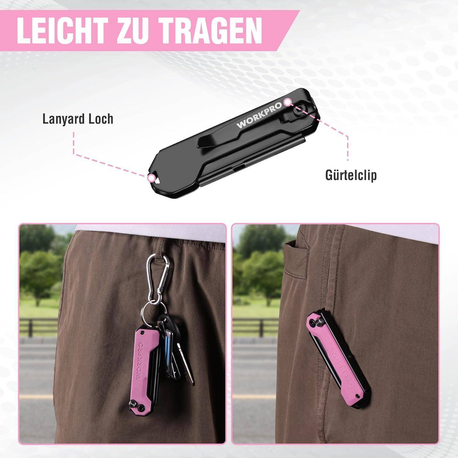 Ein Multitool, das an einem Gürtel befestigt und über einen Schlüsselanhänger an einem Rucksack angebracht ist. Text auf Deutsch lautet: 