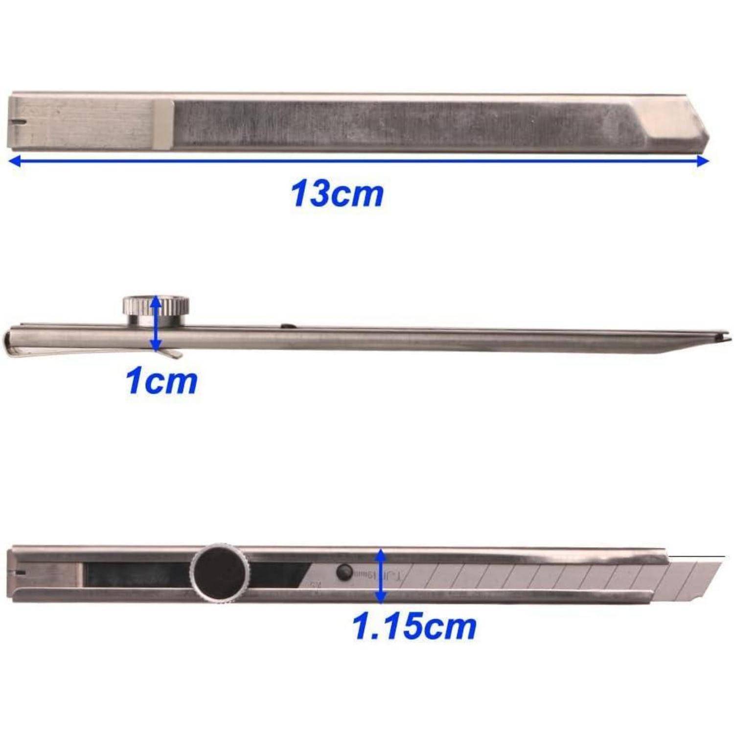 Universalmesser mit einziehbarer Klinge. Abmessungen: 13 cm Länge, 1 cm Breite am Griff, 1,15 cm Gesamtbreite einschließlich Klingenetui.