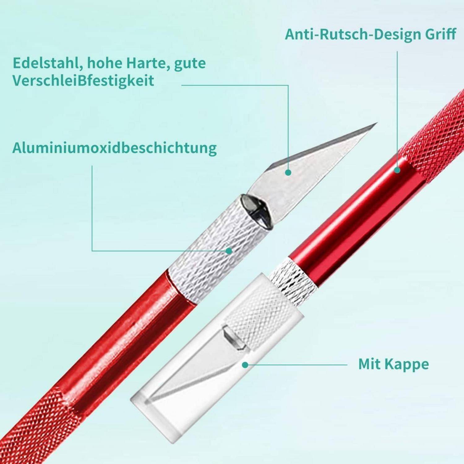 Ein roter Bastelmesser mit silberner Klinge und Aluminiumoxid-Beschichtung, ausgestattet mit einem rutschfesten Griff. Etiketten betonen seine Edelstahl-Haltbarkeit.