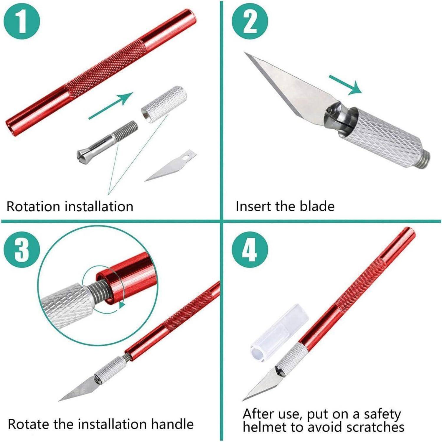 Anleitende Abbildung zur Montage eines Utility-Messers: 1. Einbau drehen, 2. Klinge einsetzen, 3. Einbaugriff drehen, 4. Nach Gebrauch Schutzhelm aufsetzen, um Kratzer zu vermeiden.