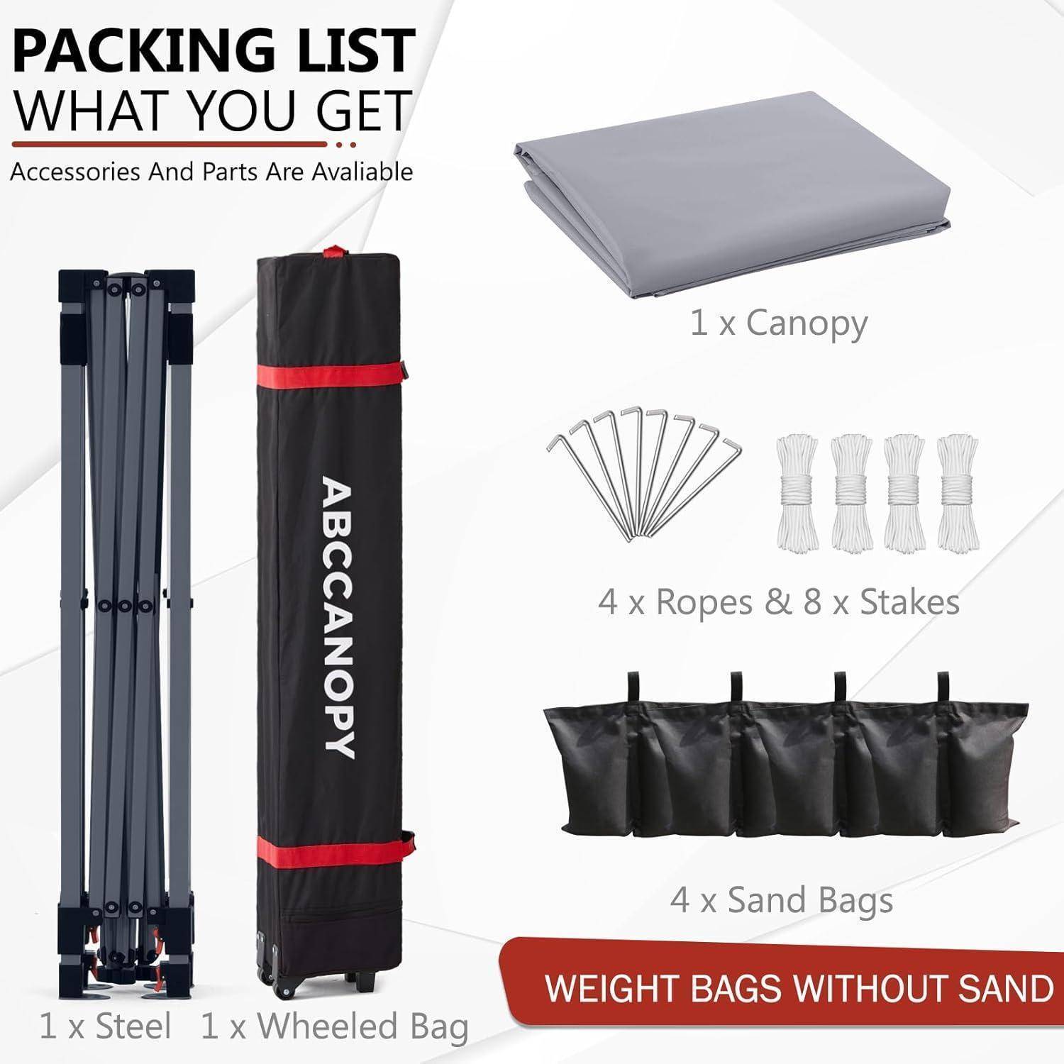 Packliste: 1 Stahlrahmen, 1 Reisetasche mit Rollen, 1 Sonnensegel, 4 Seile, 8 Heringe, 4 Sandsäcke. Gewichtssäcke ohne Sand befüllen.