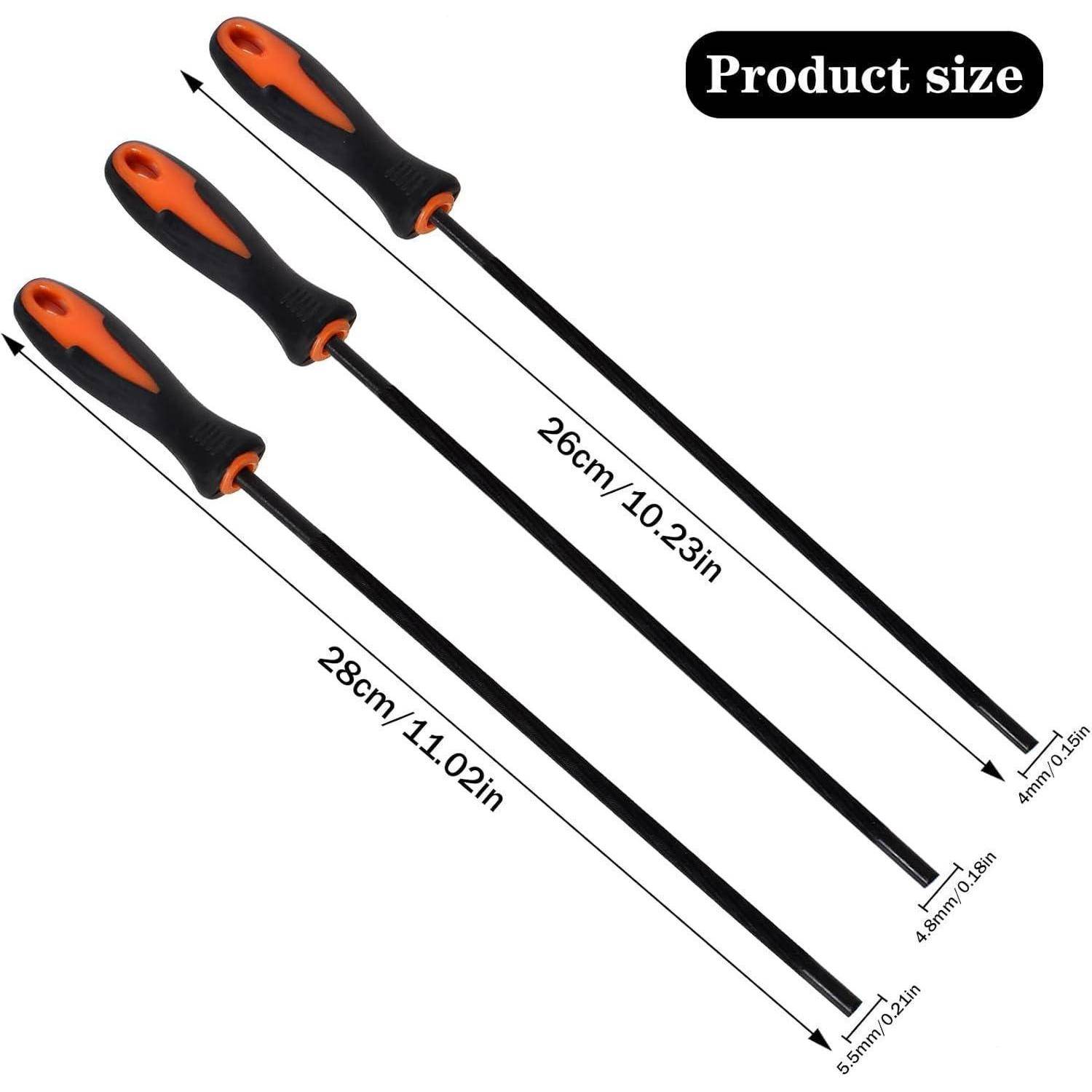 Drei Schraubendreher unterschiedlicher Längen werden nebeneinander ausgestellt, mit ihren Größen beschriftet: 28 cm/11,02 Zoll, 26 cm/10,23 Zoll und 24 cm/9,44 Zoll.