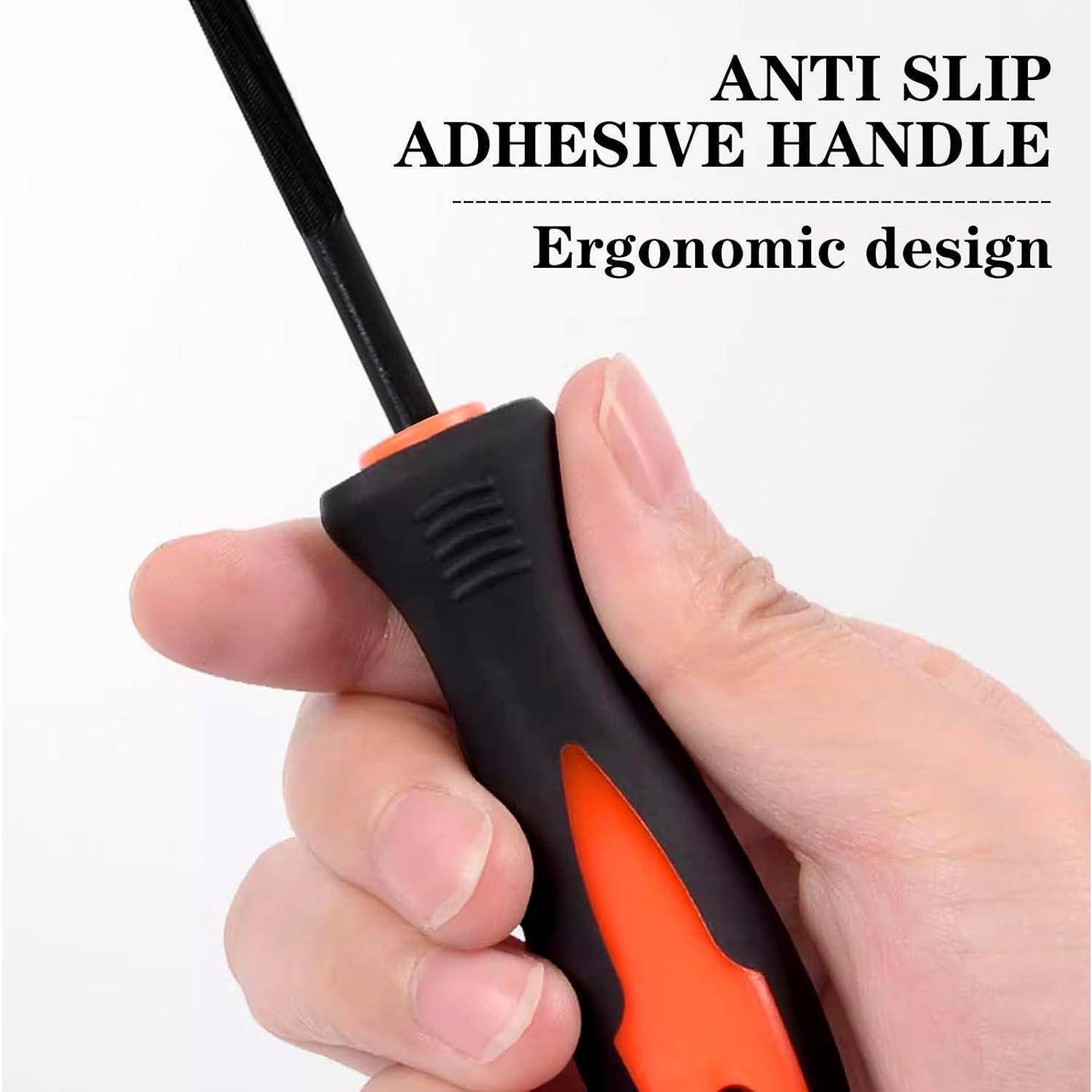 Eine Hand, die einen Schraubendreher mit einem schwarzen rutschfesten, ergonomischen Griff hält. Text lautet: 'RUTSCHFESTER KLEBEGRIFF, Ergonomisches Design'.
