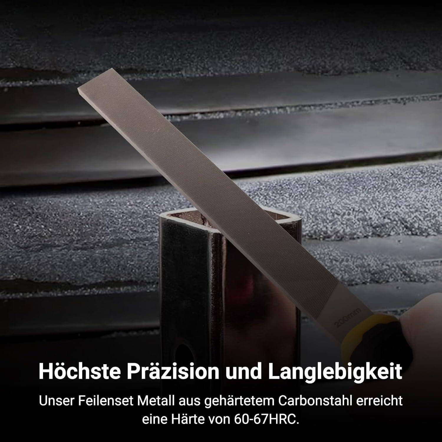 Eine Metallfeile und ein Block, die einen Satz von Feilen mit der Aufschrift 