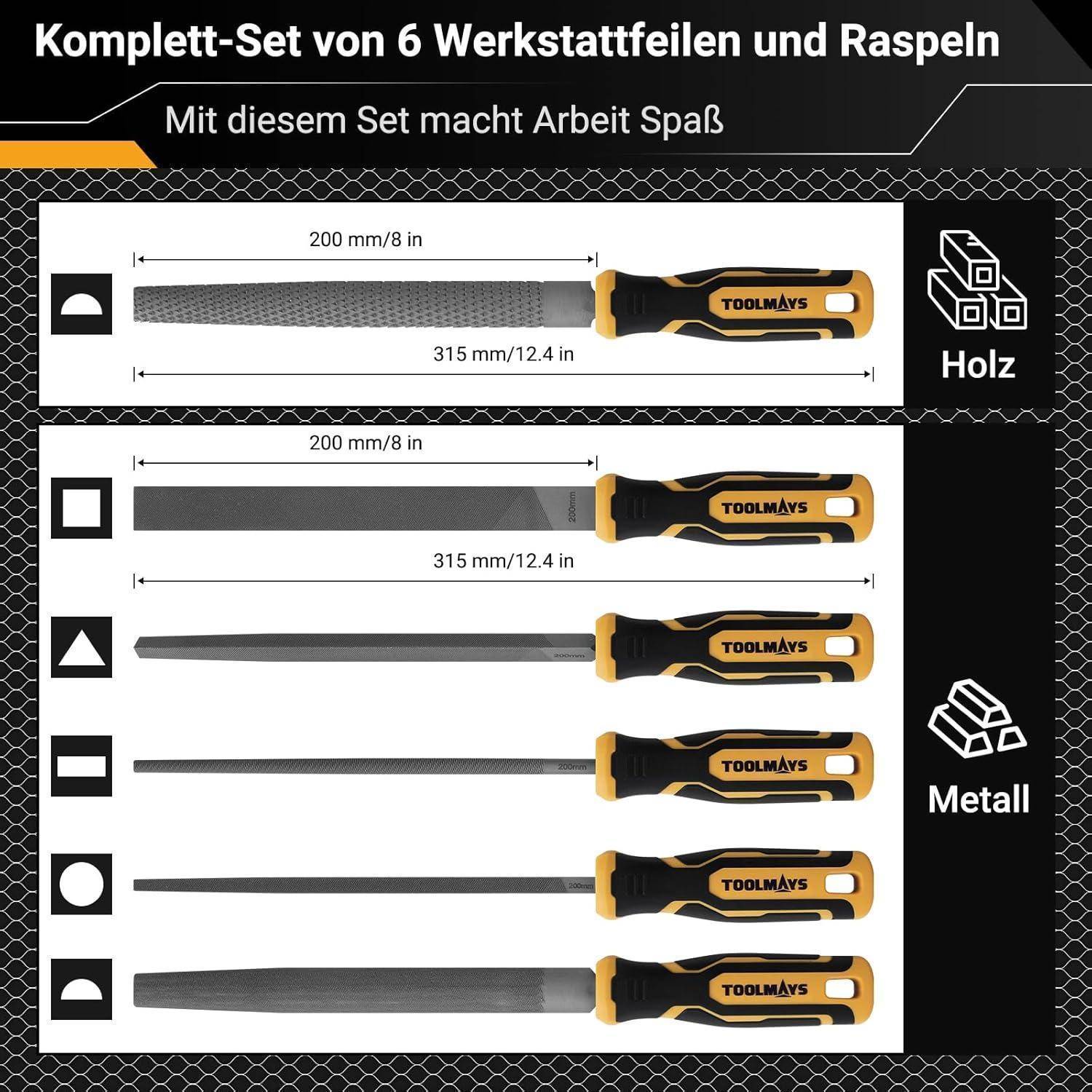 Satz von sechs Werkstattfeilen und Raspeln für Holz und Metall, jedes Werkzeug mit Größe beschriftet. Enthält flache, halbrunde und dreieckige Formen.