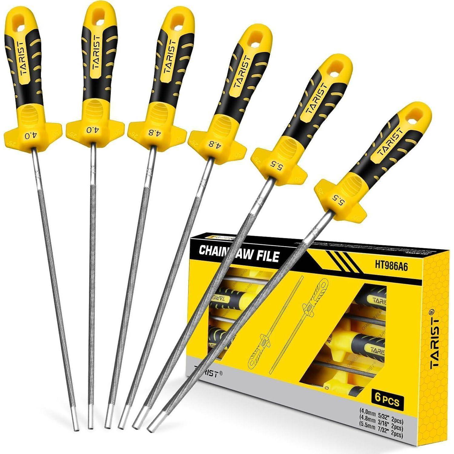 Kettensägenfeile 6tlg Rundfeilen mit Griff 4 mm 4,8 mm 5,5 mm