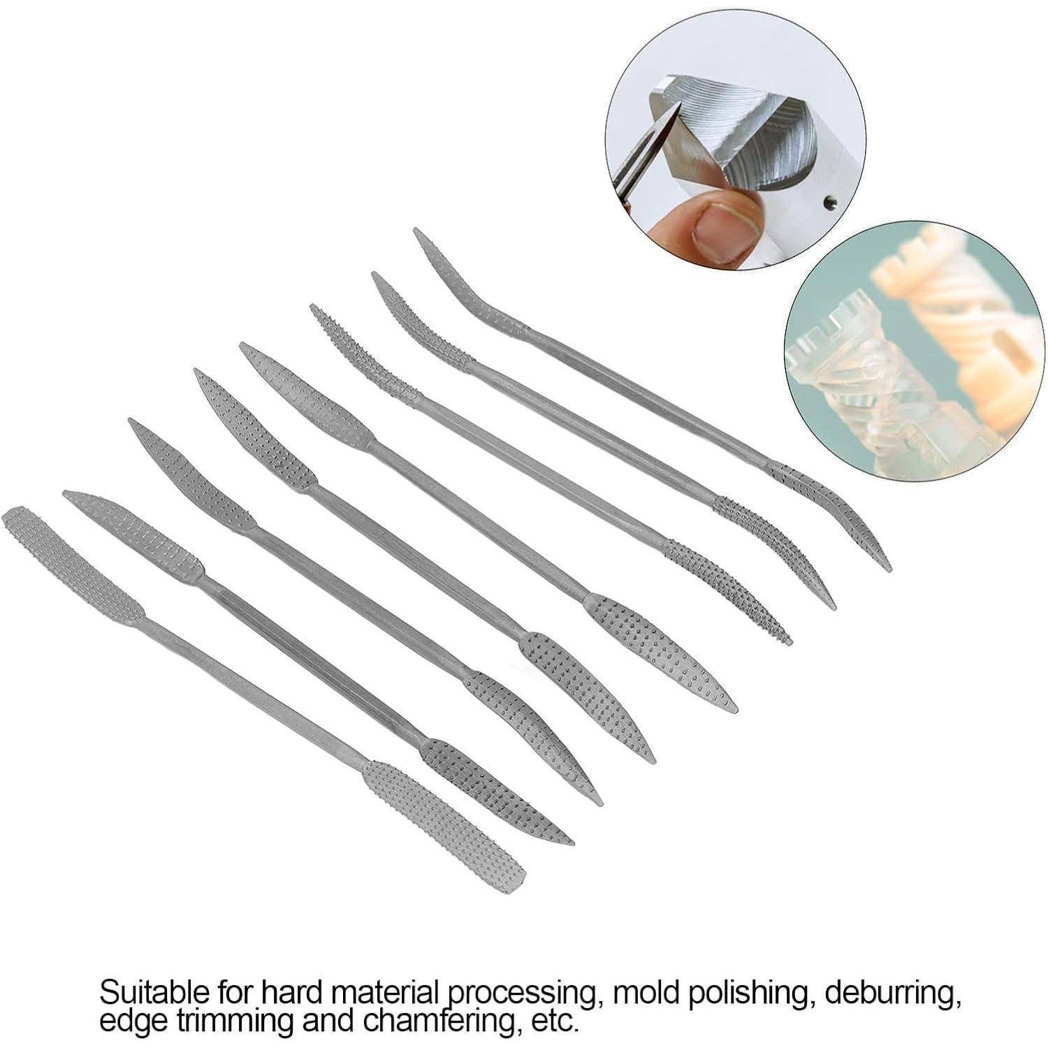 Ein Satz von acht Metallfeilen für die Bearbeitung harter Materialien, Formpolieren und Entgraten, dargestellt mit einer Detailaufnahme der feinen Strukturen auf der Feilenoberfläche.