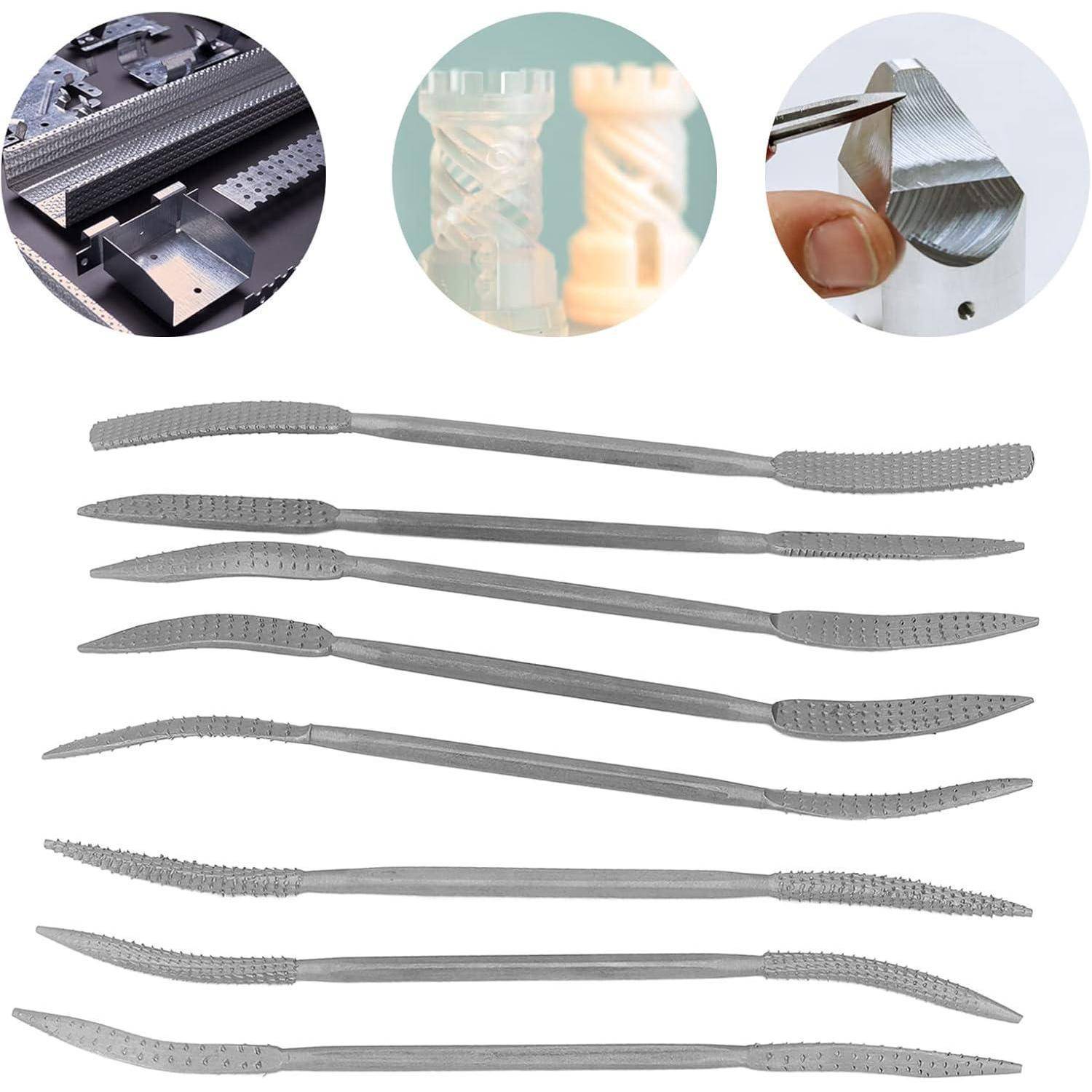 Satz Präzisionsmetall-Gravurwerkzeuge mit strukturierten Griffen, zusammen mit Detailaufnahmen, die die Werkzeugverwendung auf verschiedenen Materialien für Feinarbeiten zeigen.