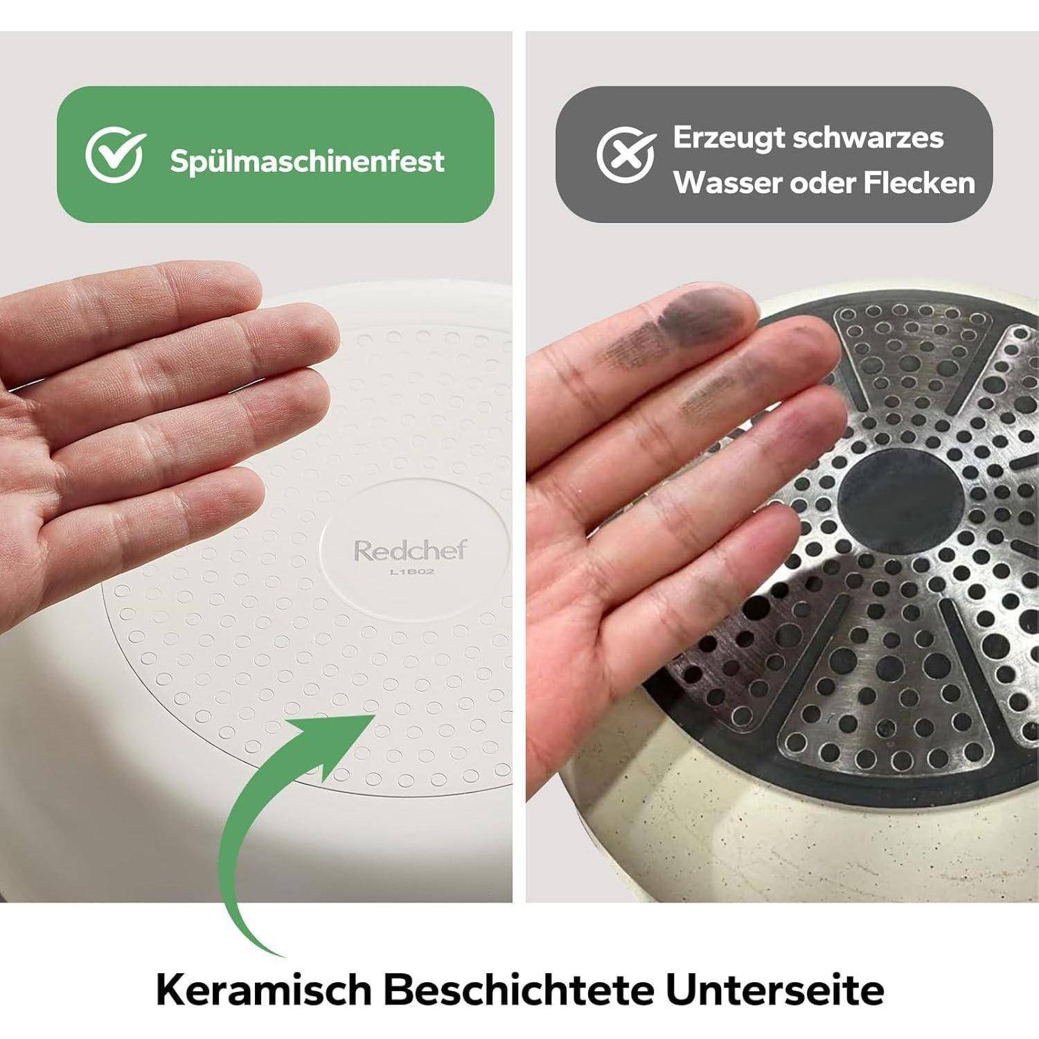 Linkes Bild zeigt eine Pfanne mit der Bezeichnung 'Spülmaschinenfest' mit einem sauberen Boden. Rechtes Bild zeigt eine ähnliche Pfanne mit der Bezeichnung 'Erzeugt schwarzes Wasser oder Flecken' mit einem befleckten Griff.