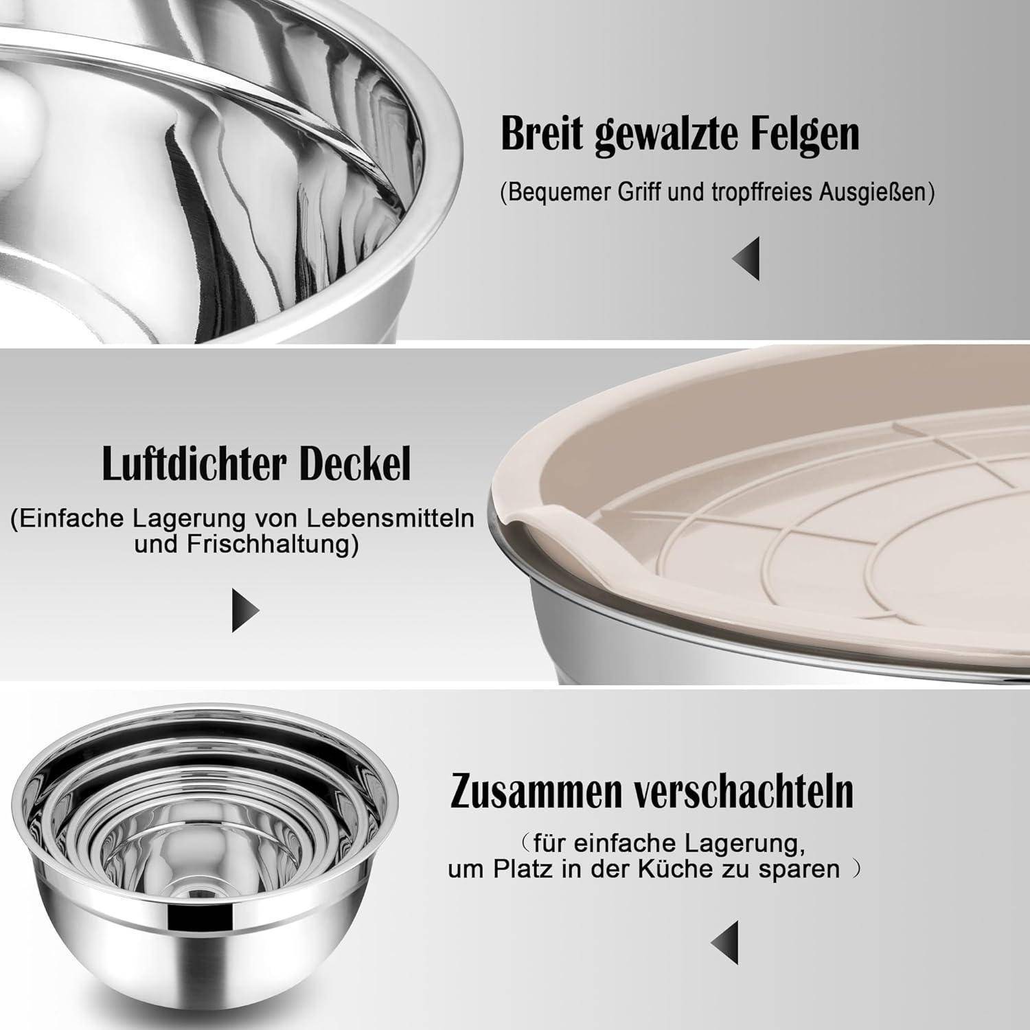 Drei Edelstahlschüsseln mit luftdichten Deckeln, beschriftet auf Deutsch: 