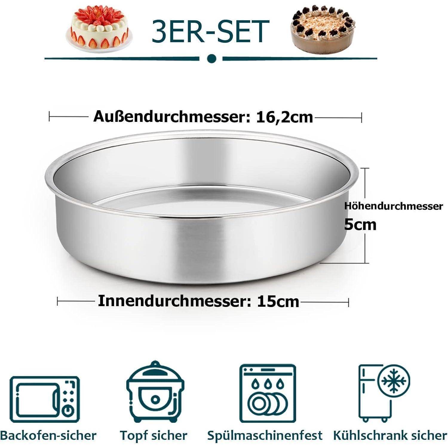 Runde MetalBackform mit 'Außendurchmesser: 16,2 cm', 'Innendurchmesser: 15 cm' und 'Höhendurchmesser: 5 cm'. Als sicher gekennzeichnet für Ofen, Topf, Geschirrspüler und Kühlschrank. Teil eines '3er-Sets'.