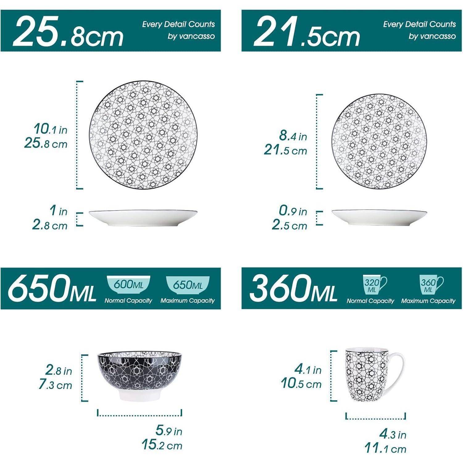 Bild zeigt zwei Größen von Vanocasso-Geschirr. Teller: 25,8 cm und 21,5 cm. Schüsseln: 650 ml und 360 ml, mit Dimensionen für jedes Einzelteil angegeben.