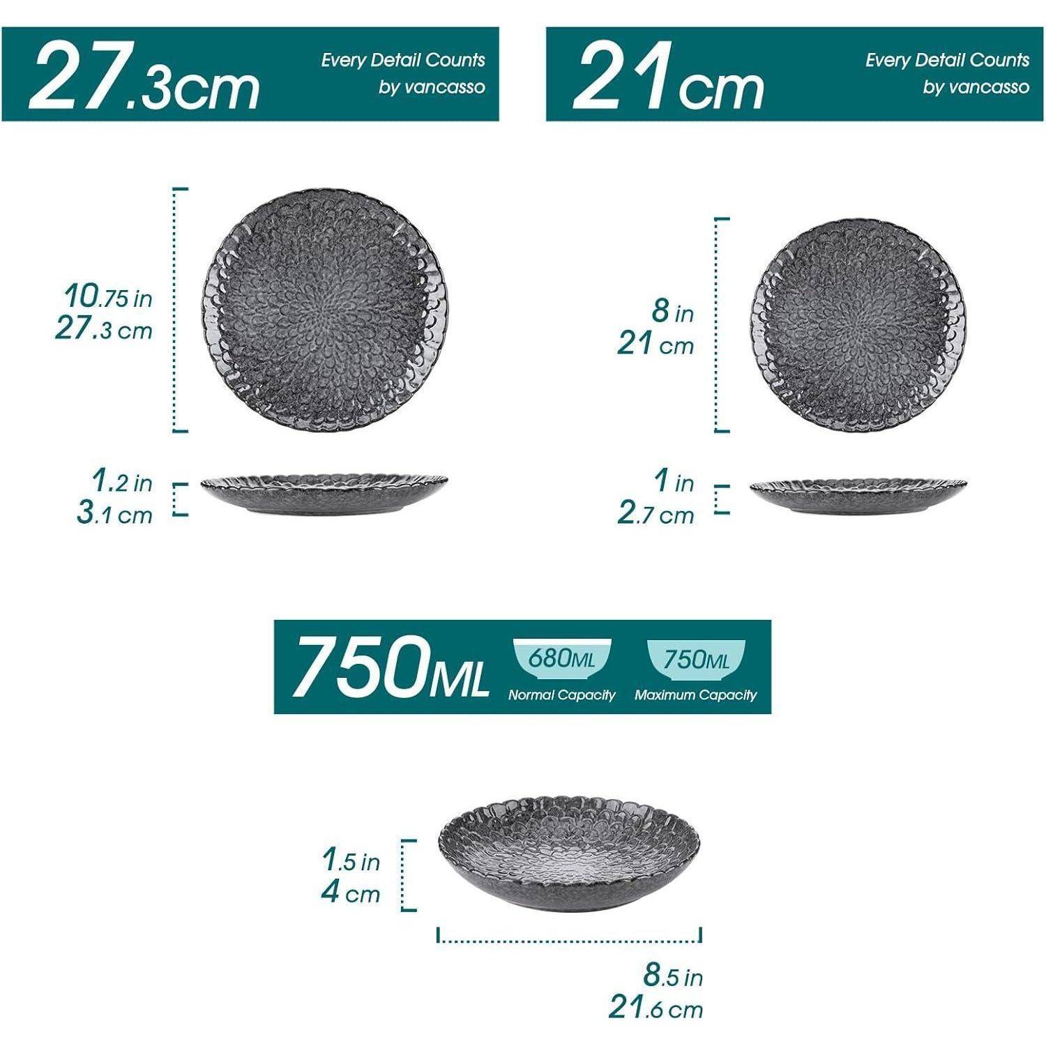 Drei graue Teller in verschiedenen Größen: oben links, 27,3 cm Durchmesser; oben rechts, 21 cm Durchmesser; unten, 21,6 cm Durchmesser mit 750 ml Fassungsvermögen.