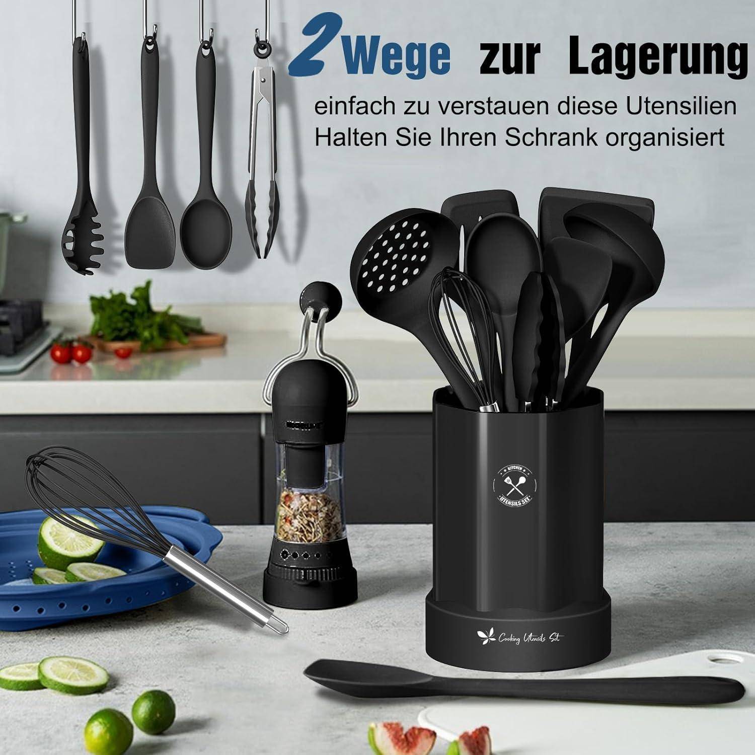 Silikon Küchenhelfer Set 25-teilig Utensilienhalter Schwarz Antihaft