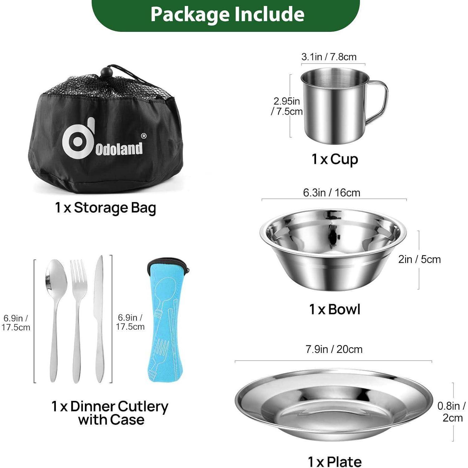 Camping-Küchenset mit Aufbewahrungstasche, Tasse, Schüssel, Teller und Besteck mit Etui. Enthält Abmessungen für jedes Einzelteil.