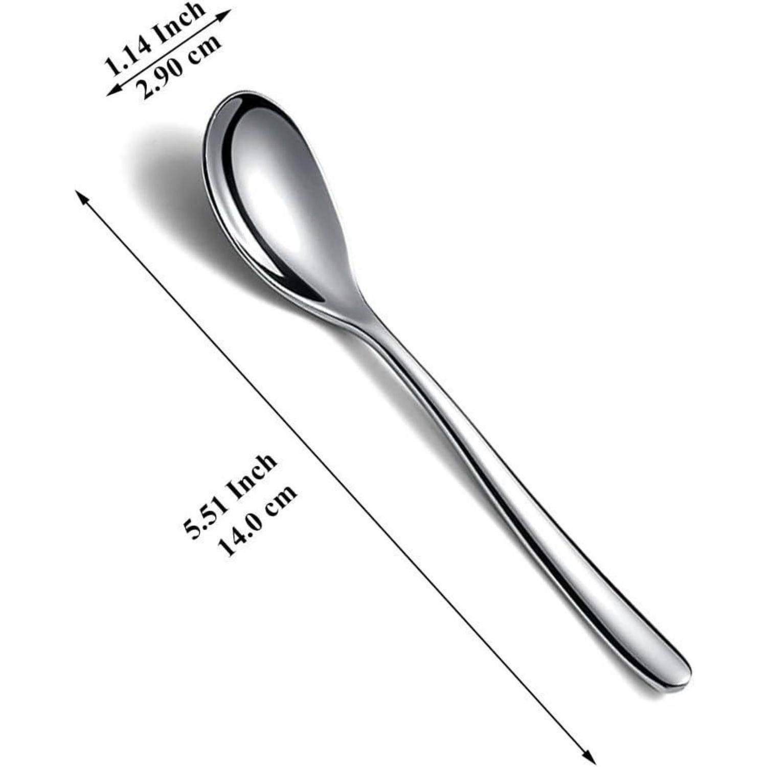 Ein glänzender Edelstahllöffel mit Abmessungen: Länge 5,51 Zoll (14,0 cm), Breite 1,14 Zoll (2,90 cm).