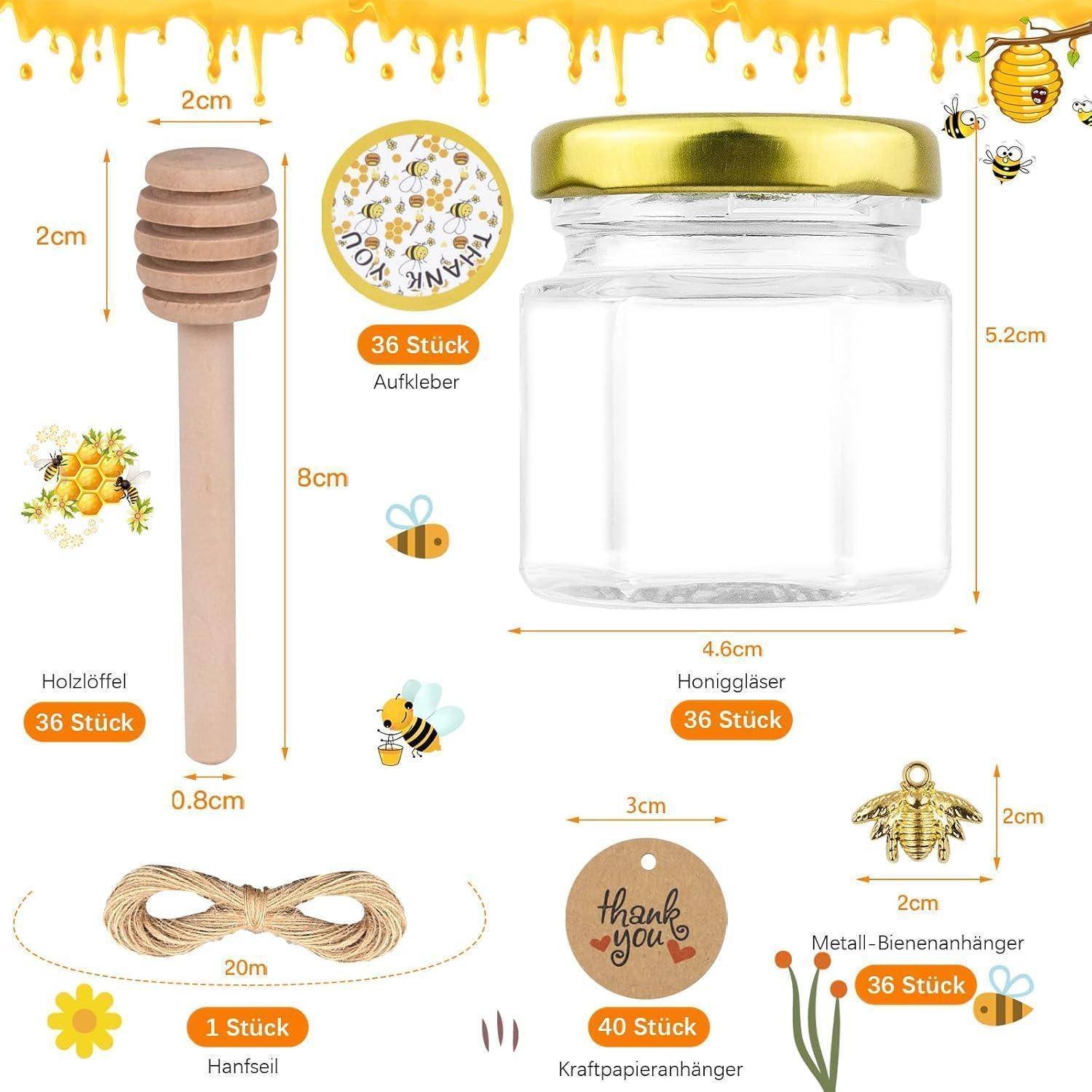 36 Stück Mini Honiggläser Set mit Deckel und Zubehör - 45ml