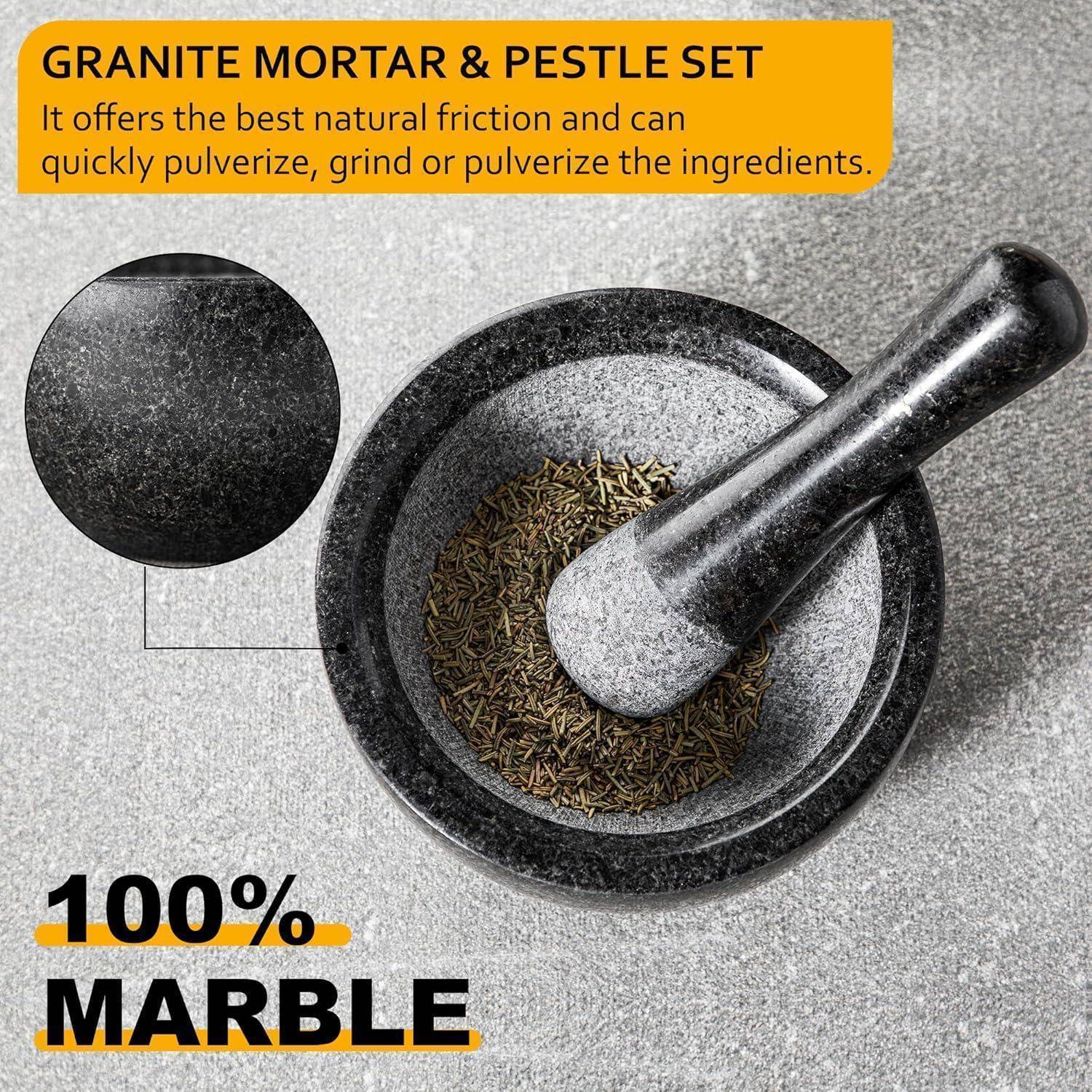 Granit-Mörser und -Stößel-Set zum Mahlen und Pulverisieren von Zutaten. Hergestellt aus 100% Marmor.