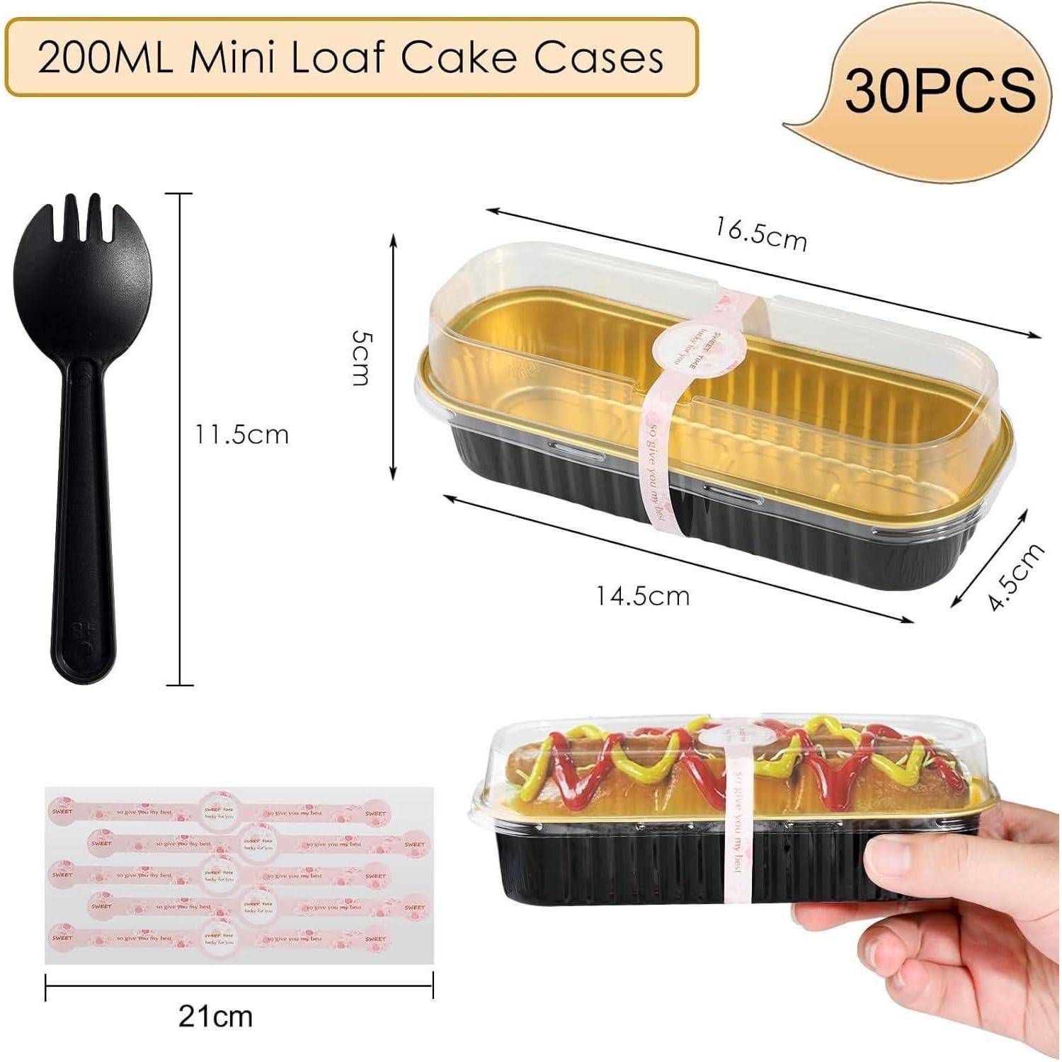200ML Mini Backform-Förmchen, 30 Stück' Verpackung mit Abmessungen: 16,5 cm Länge, 4,5 cm Breite, 5 cm Höhe. Inklusive schwarzem Spork. Ideal zum Backen.