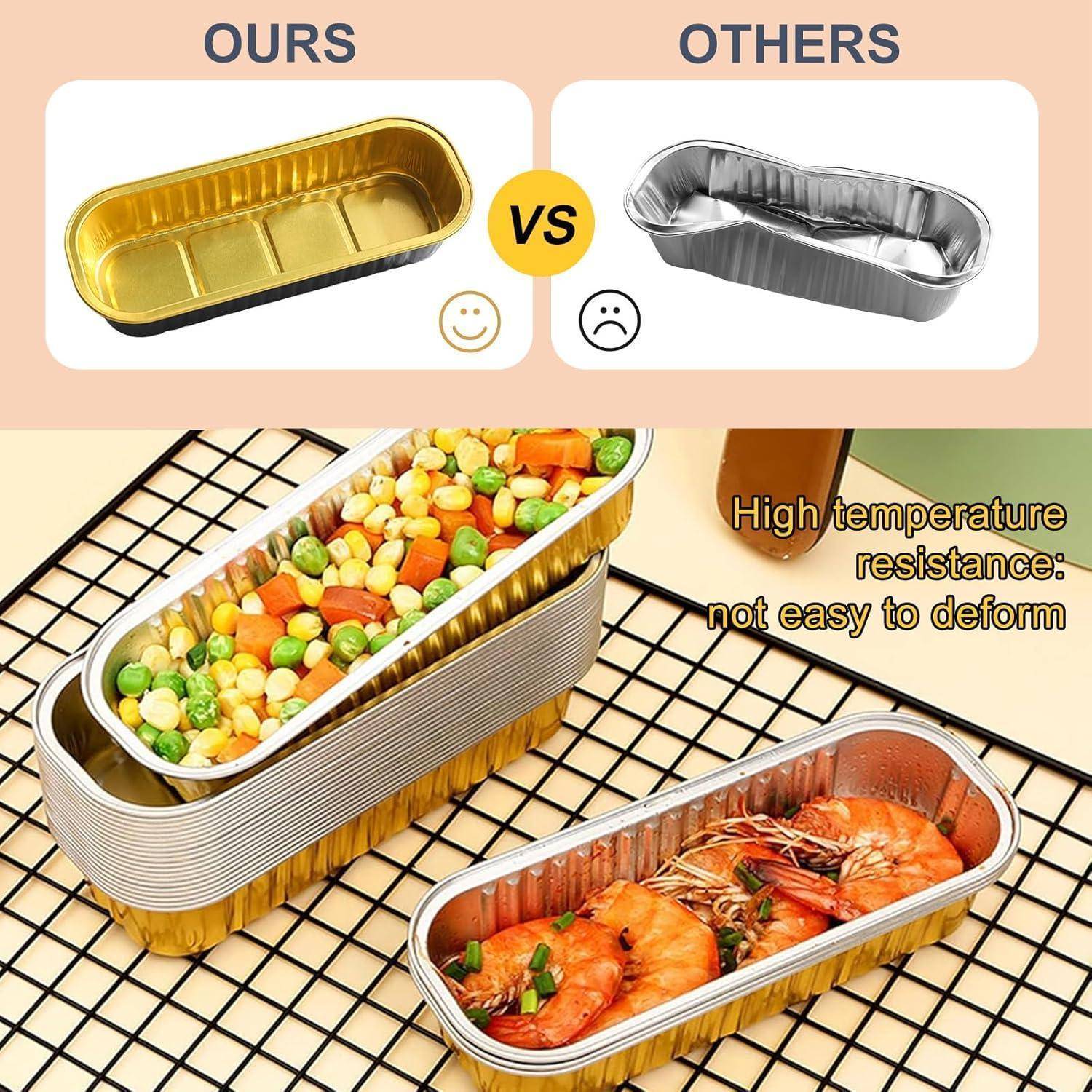 Vergleich zweier Aluminiumtöpfe: Unserer ist golden und hält Lebensmittel ordentlich; der andere ist silbern und verzogen. Hebt hohe Temperaturbeständigkeit hervor.