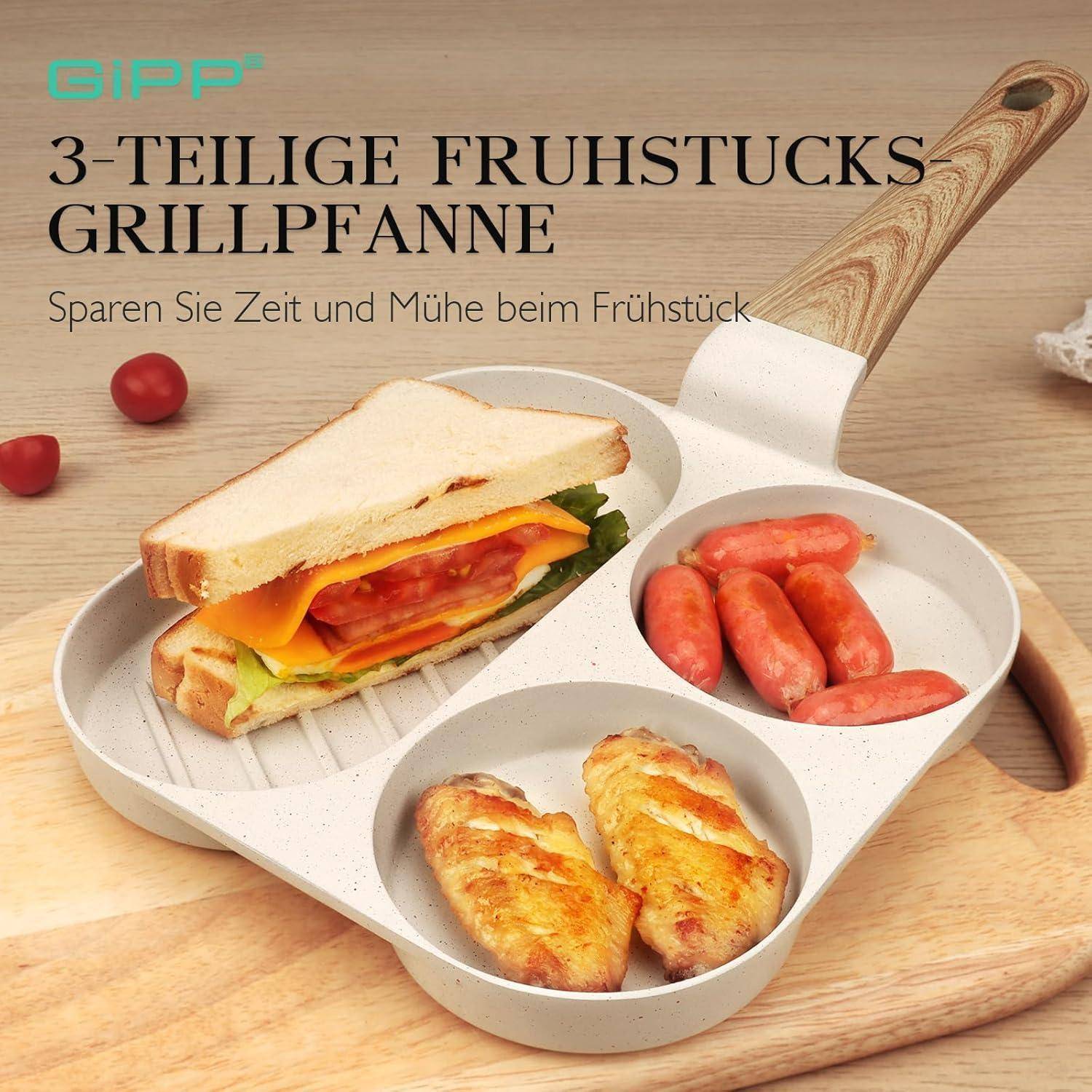 Geteilte Pfanne mit Abschnitten, in denen ein Sandwich, Würstchen und Gebäckstücke liegen. Text bewirbt sie als zeitsparendes Frühstückswerkzeug.