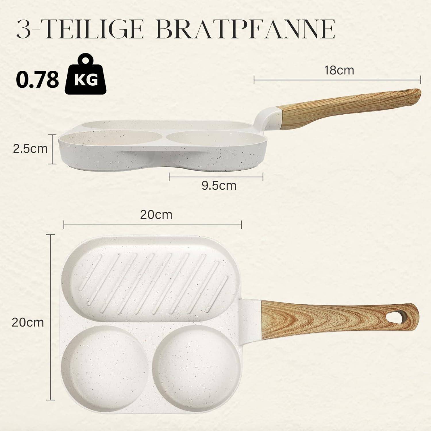 Drei-teilige Bratpfanne mit Holzgriff, beschriftet '3-TEILIGE BRATPFANNE'. Abmessungen: 20cm Länge, 20cm Breite, 2,5cm Tiefe. Gewicht: 0,78 kg.