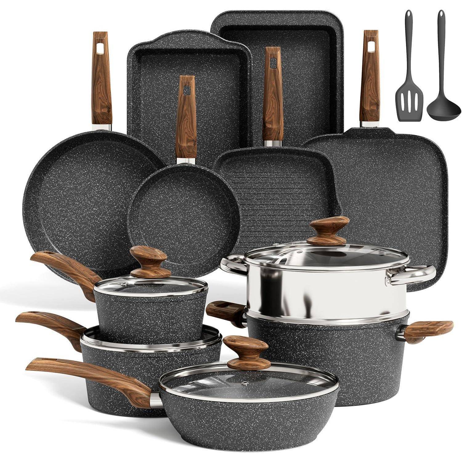 Induktions Töpfe Set 17-teilig, Kochgeschirr Granit Antihaft Schwarz