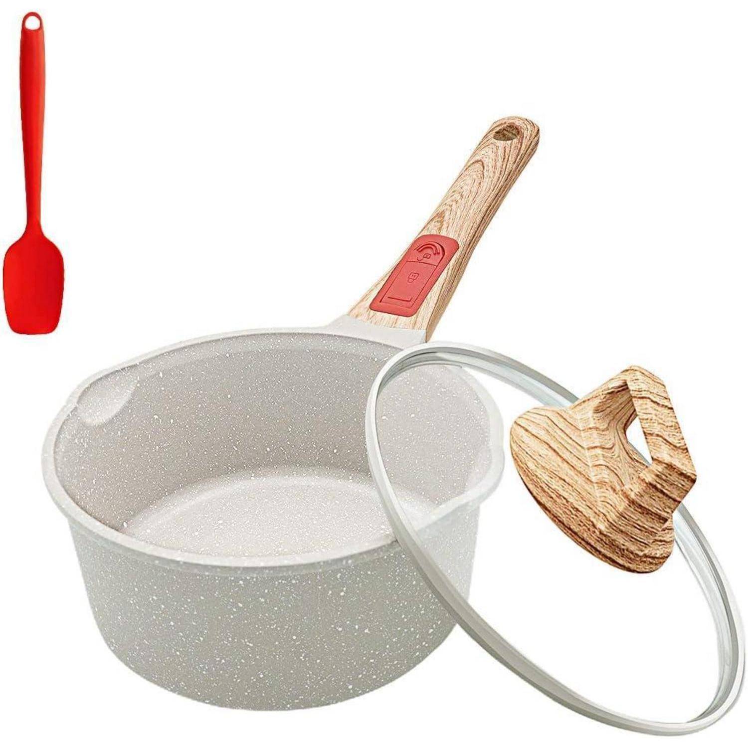 Weißer Antihaft-Kochtopf mit Holzgriff, Glasdeckel und rotem Pfannenwender. Ideal zum Kochen; verfügt über eine Ausgießtülle und einen Induktionsboden.