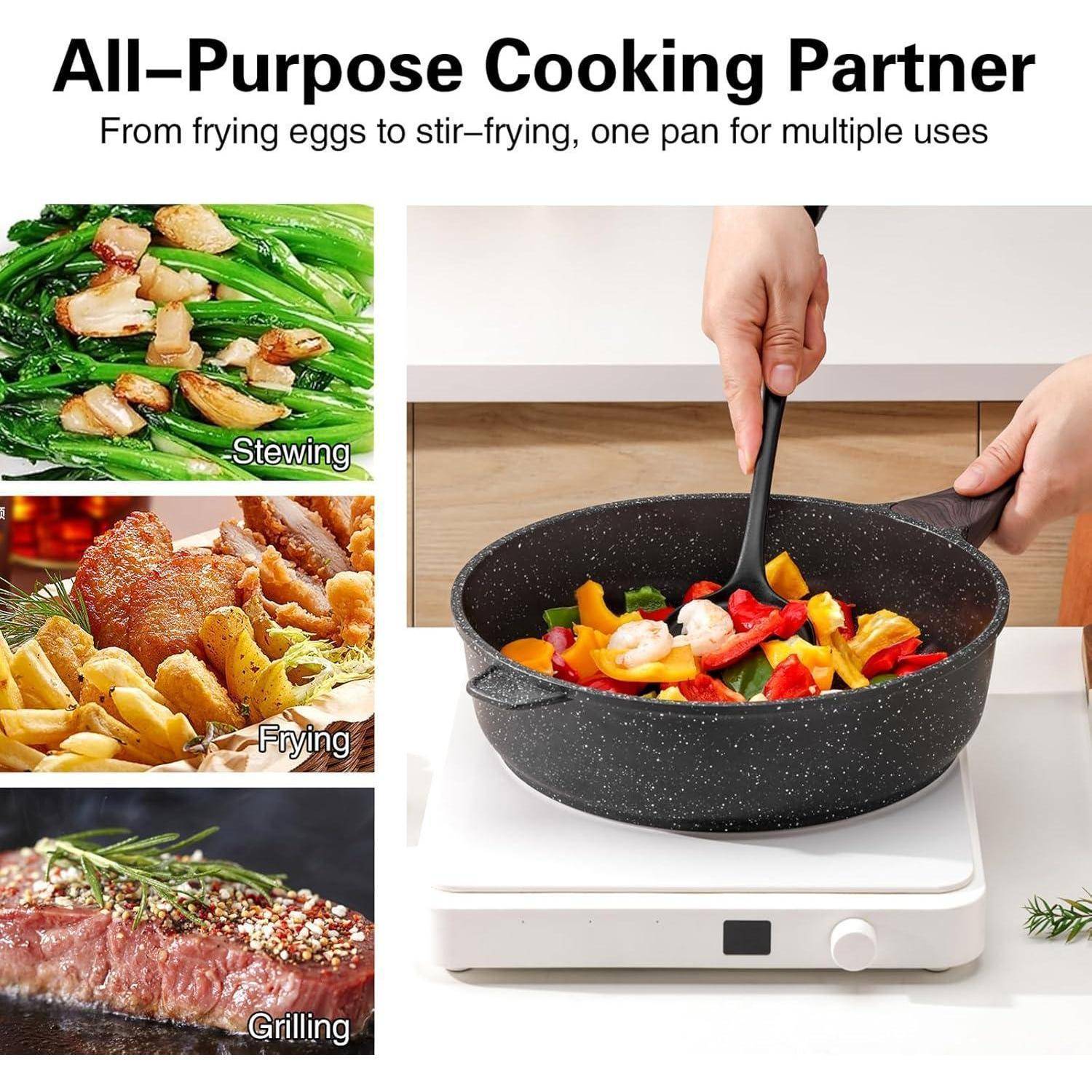 Person verwendet eine Pfanne mit Gemüse auf einem Induktionsherd. Eingesetzte Bilder zeigen 'Schmoren', 'Braten' und 'Grillen'. Text: 'Allzweck-Kochpartner'.