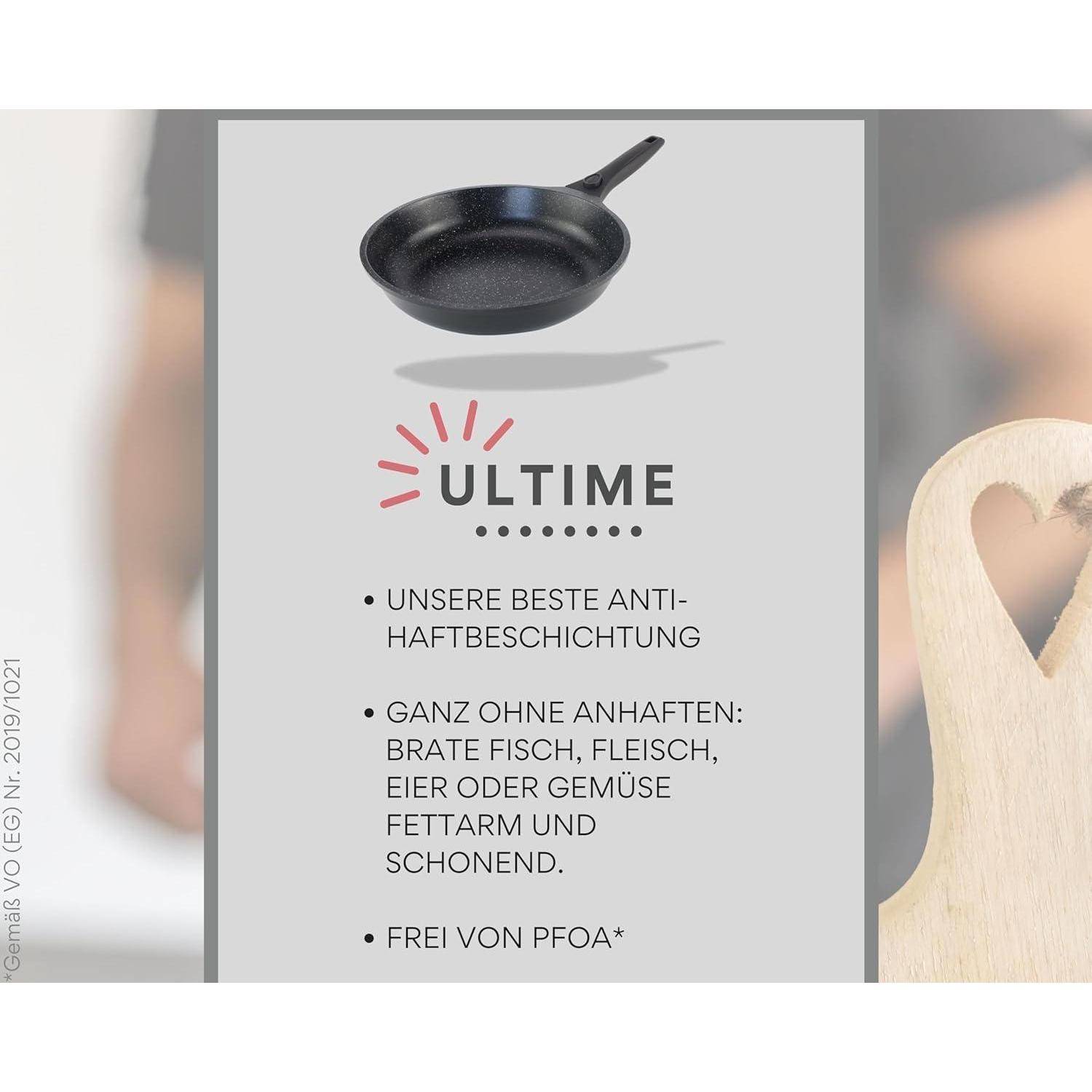 Eine Bratpfanne wird über dem Text präsentiert, die ihre Antihaft-Beschichtung und Eignung zum Braten von Fisch, Fleisch und Gemüse hervorhebt.