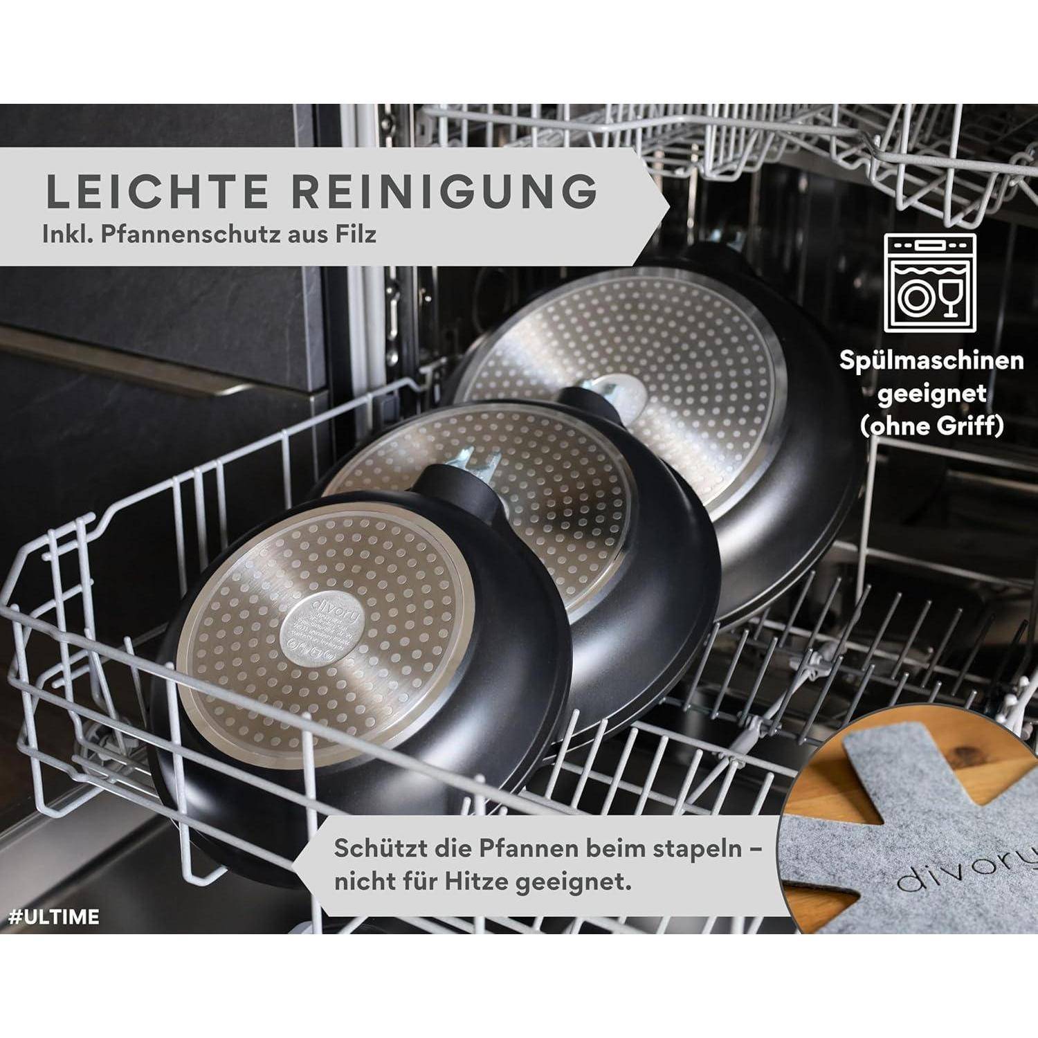 Töpfe in einer Spülmaschine mit Texthervorhebung für einfache Reinigung, Pfannenschutzeinlagen aus Filz und Eignung für Spülmaschinentauglichkeit ohne Griffe.