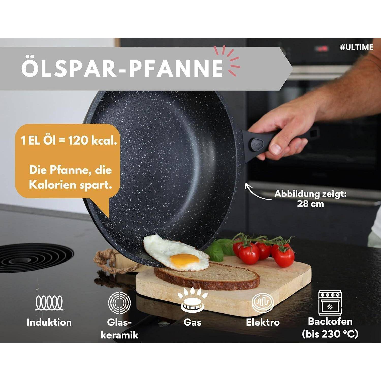 Eine Hand neigt eine Bratpfanne mit einem Ei auf Toast neben Tomaten. Der Text hebt kaloriesparende Pfanneneigenschaften, Größe (28 cm) und Nutzungsmethoden hervor.