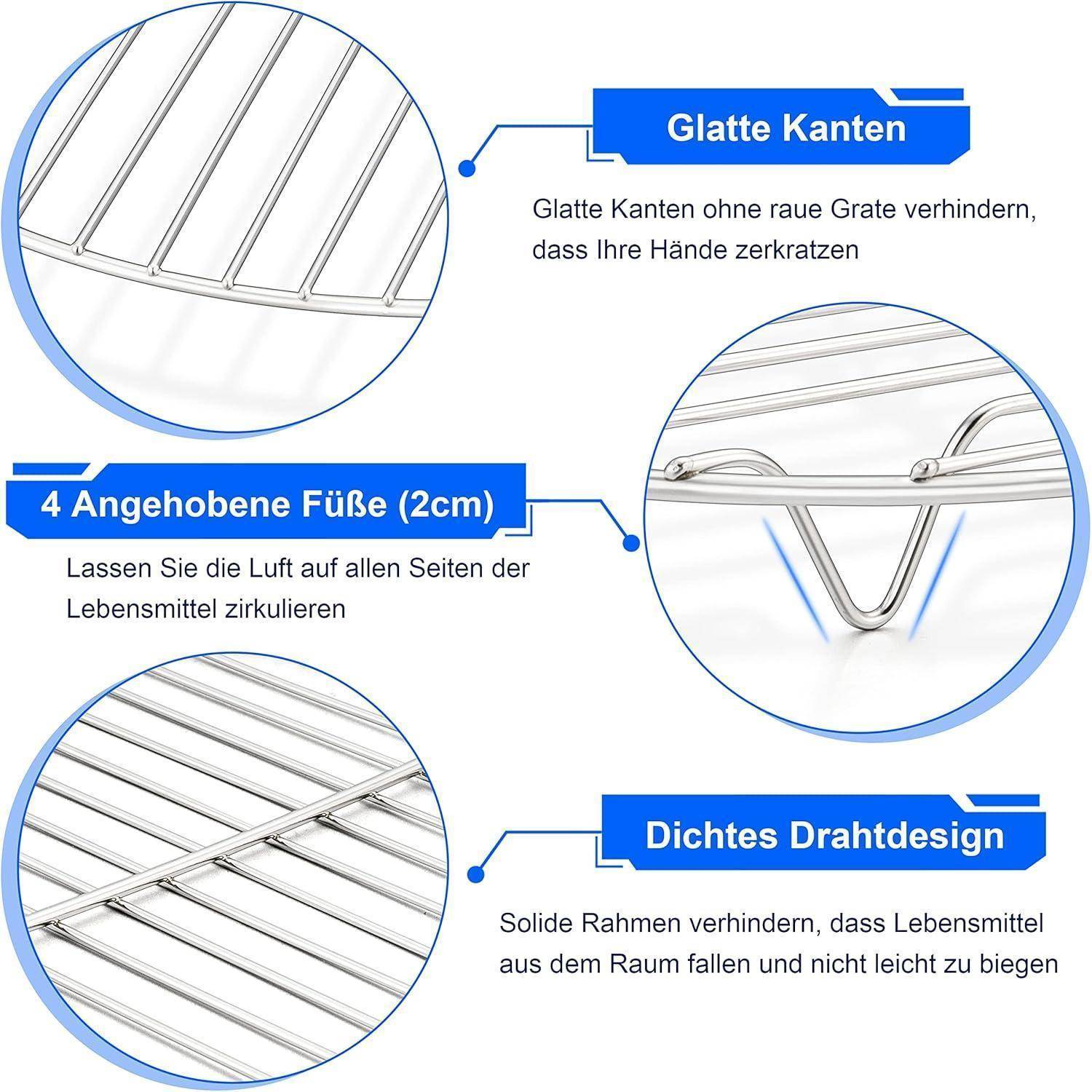 Das Bild beschreibt einen Drahtständer mit 'Glatten Kanten' (smooth edges), '4 Angehobenen Füßen (2cm)' (4 raised feet, 2cm) und 'Dichtem Drahtdesign' (dense wire design).
