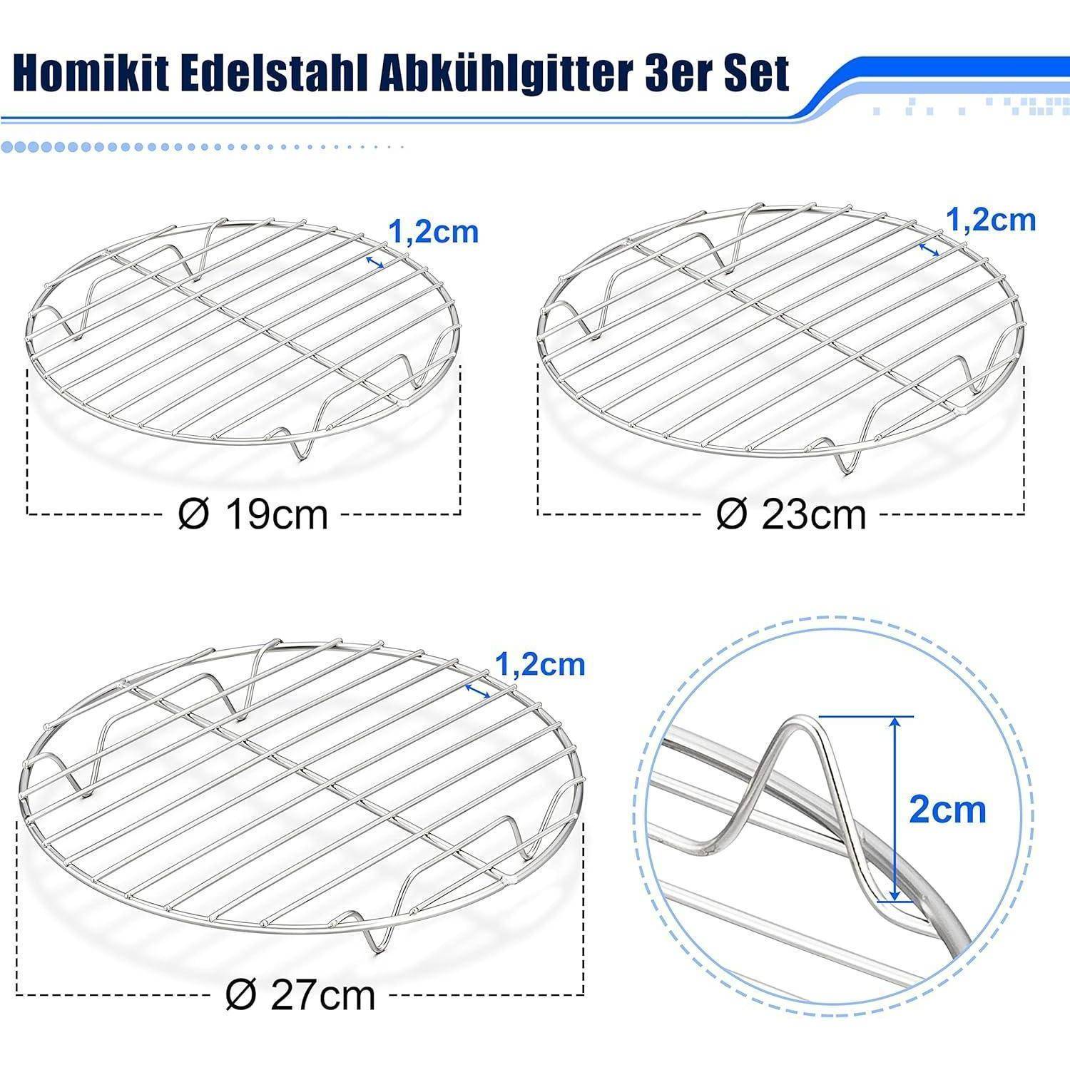 Runde Edelstahl-Kühlroste im 3er-Set, mit Durchmessern von 19 cm, 23 cm und 27 cm, alle 1,2 cm hoch, mit Drahtdetails präsentiert.