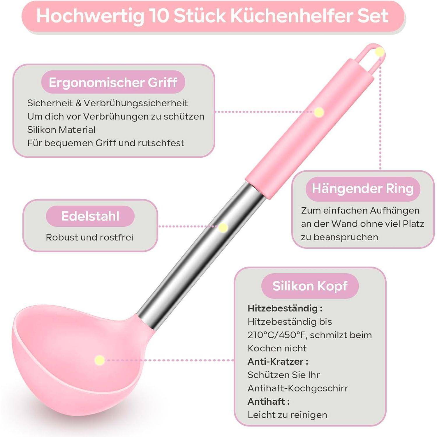 Pinkes Küchengerät mit ergonomischem Silikongriff und Edelstahlgriff. Eigenschaften umfassen Hitzebeständigkeit, Kratzfestigkeit und Aufhängering.