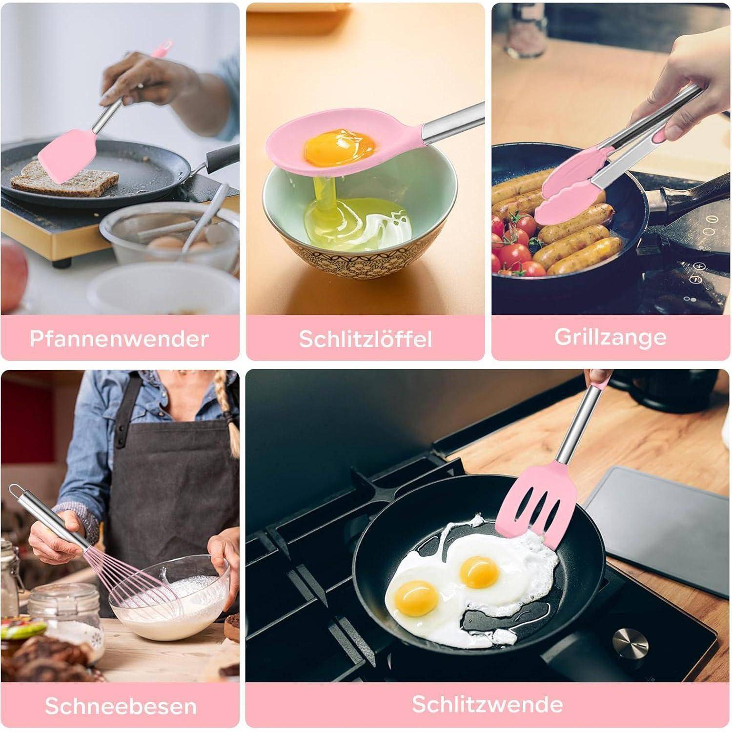Bildcollage mit fünf Küchenutensilien: 'Pfannenwender' wendet Essen in einer Pfanne, 'Schlitzlöffel' in einer Schüssel, 'Grillzange' mit Würstchen, 'Schneebesen' rührt, und 'Schlitzwender' mit Eiern.